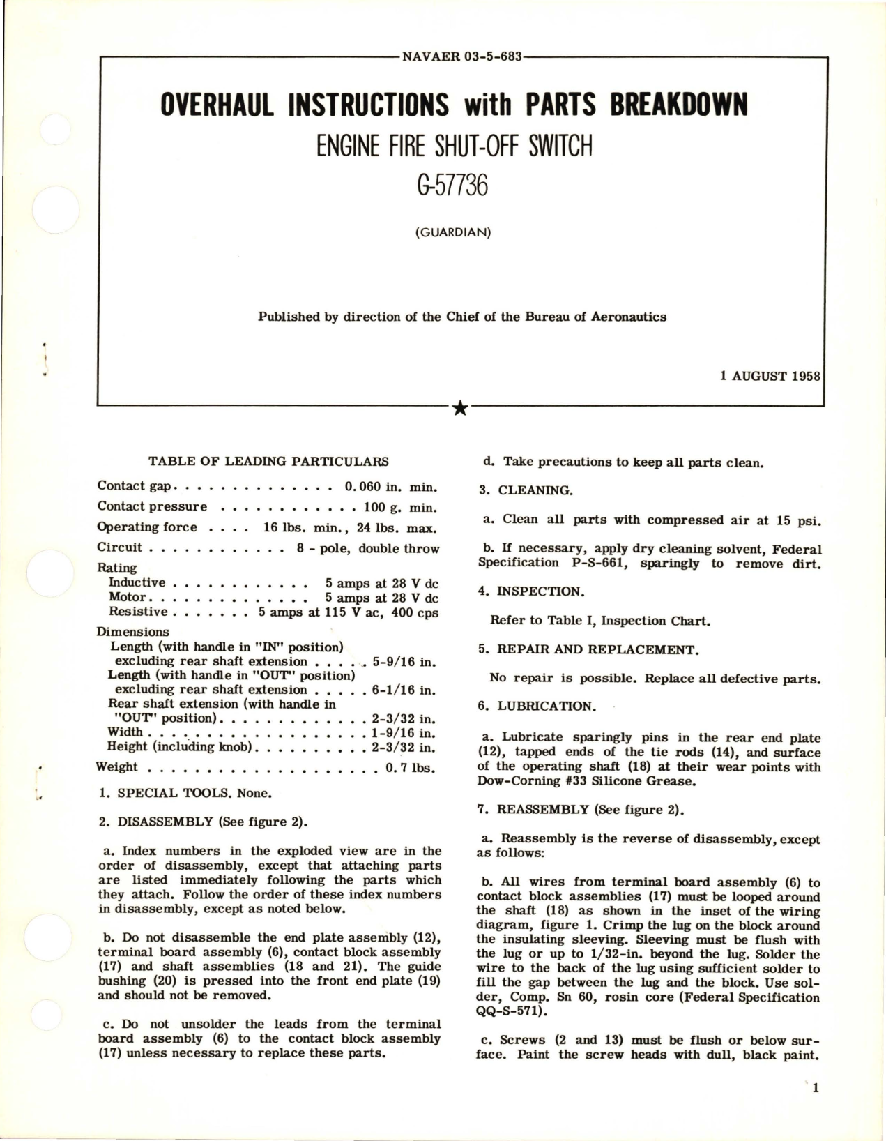 Sample page 1 from AirCorps Library document: Overhaul Instructions w Parts Breakdown for Engine Fire Shut-Off Switch - G-57736