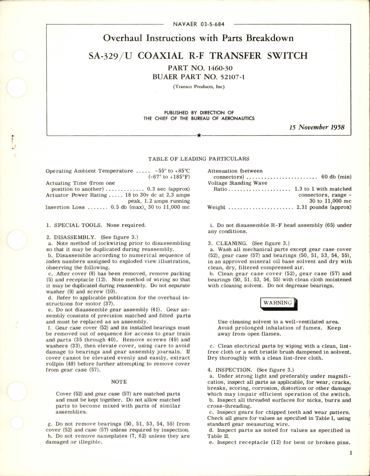 Sample page 1 from AirCorps Library document: Overhaul Instructions with Parts Breakdown for Coaxial R-F Transfer Switch - Part 1460-30 