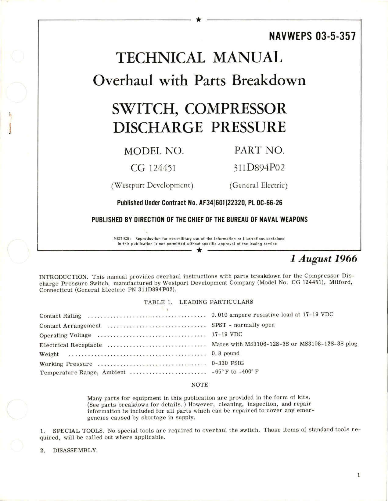 Sample page 1 from AirCorps Library document: Overhaul with Parts Breakdown for Compressor Discharge Pressure Switch - Model CG 124451 - Part 311D894P02