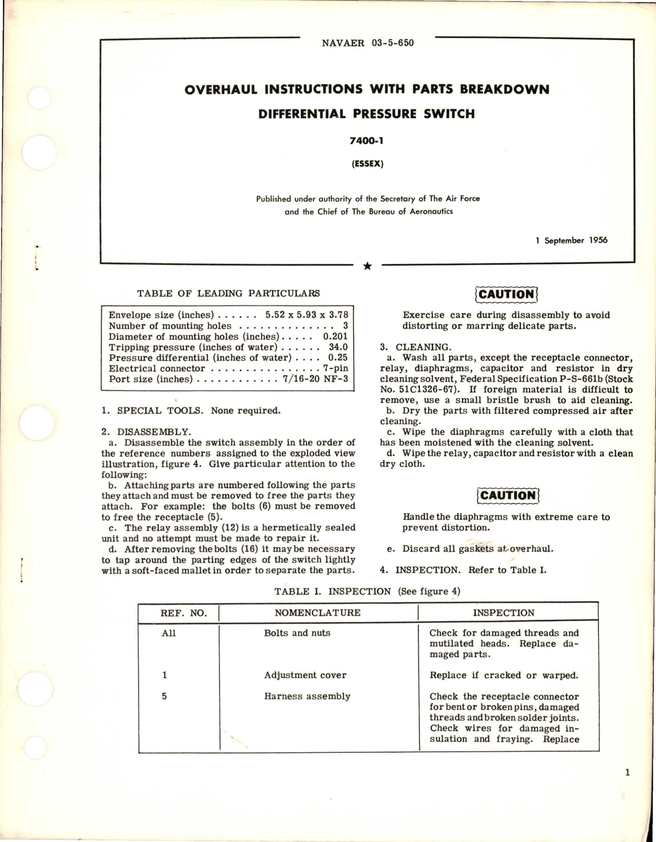 Sample page 1 from AirCorps Library document: Overhaul Instructions with Parts Breakdown for Differential Pressure Switch - 7400-1