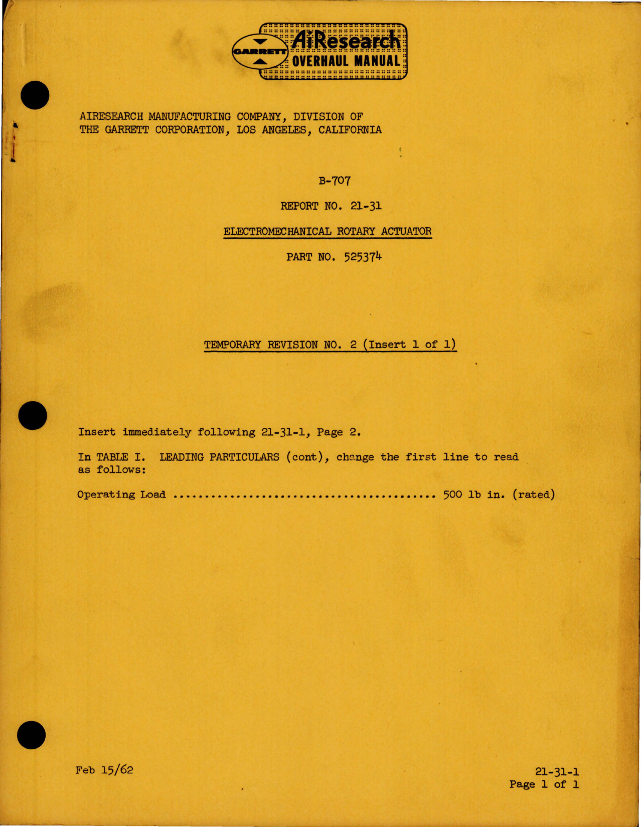 Sample page 1 from AirCorps Library document: Electromechanical Rotary Actuator - Part 525374 - Revision No. 2 