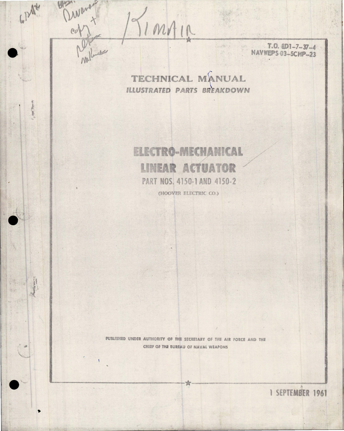 Sample page 1 from AirCorps Library document: Illustrated Parts Breakdown for Electro-Mechanical Linear Actuator - Parts 4150-1 and 4150-2 