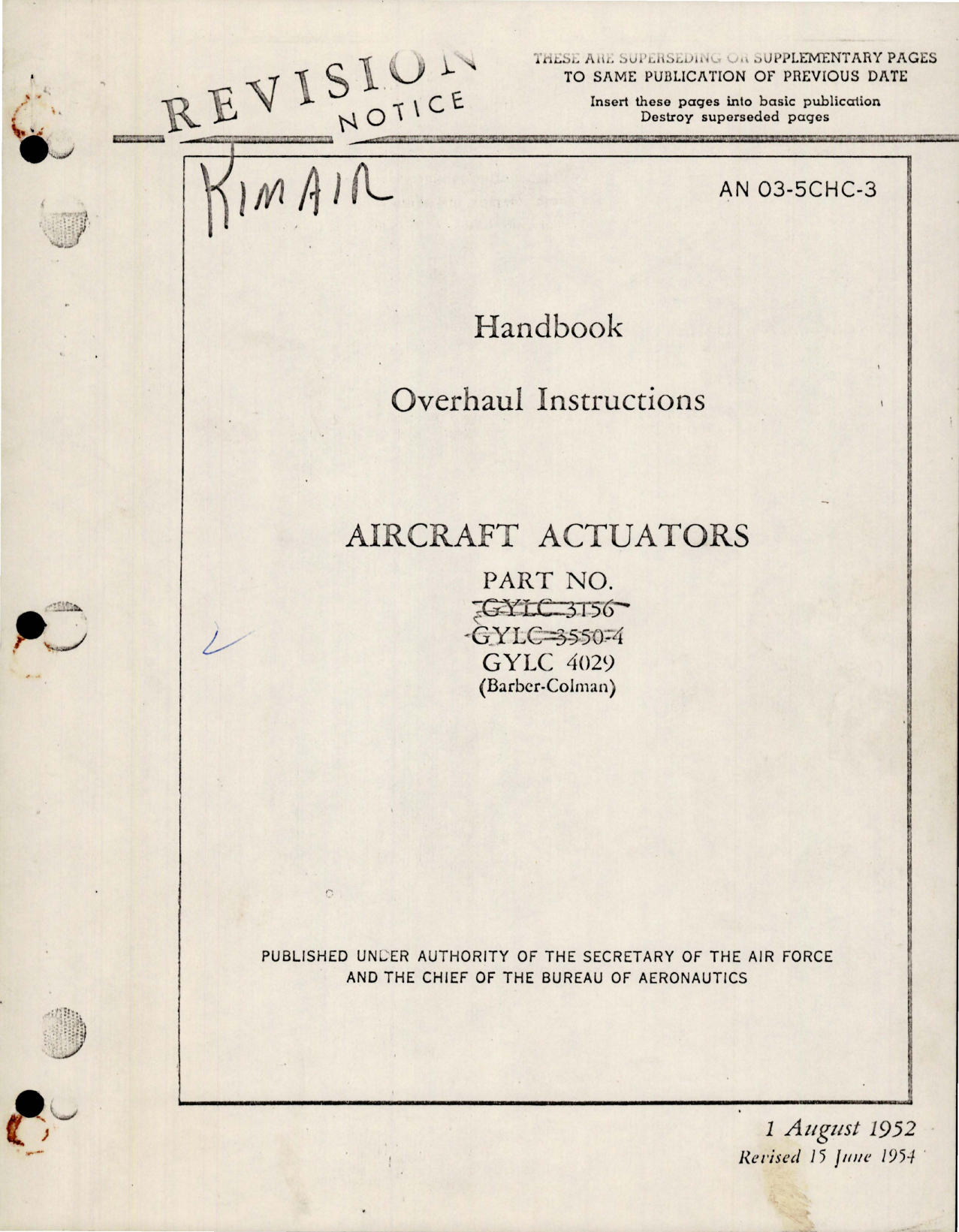 Sample page 1 from AirCorps Library document: Overhaul Instructions for Actuators - Parts GYLC-3156, 3550-4 and 4029 