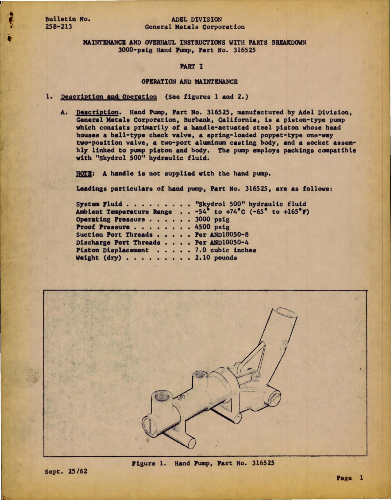 Sample page 1 from AirCorps Library document: Maintenance and Overhaul Instructions w Parts for 3000PSI Hand Pump - Part 316525 