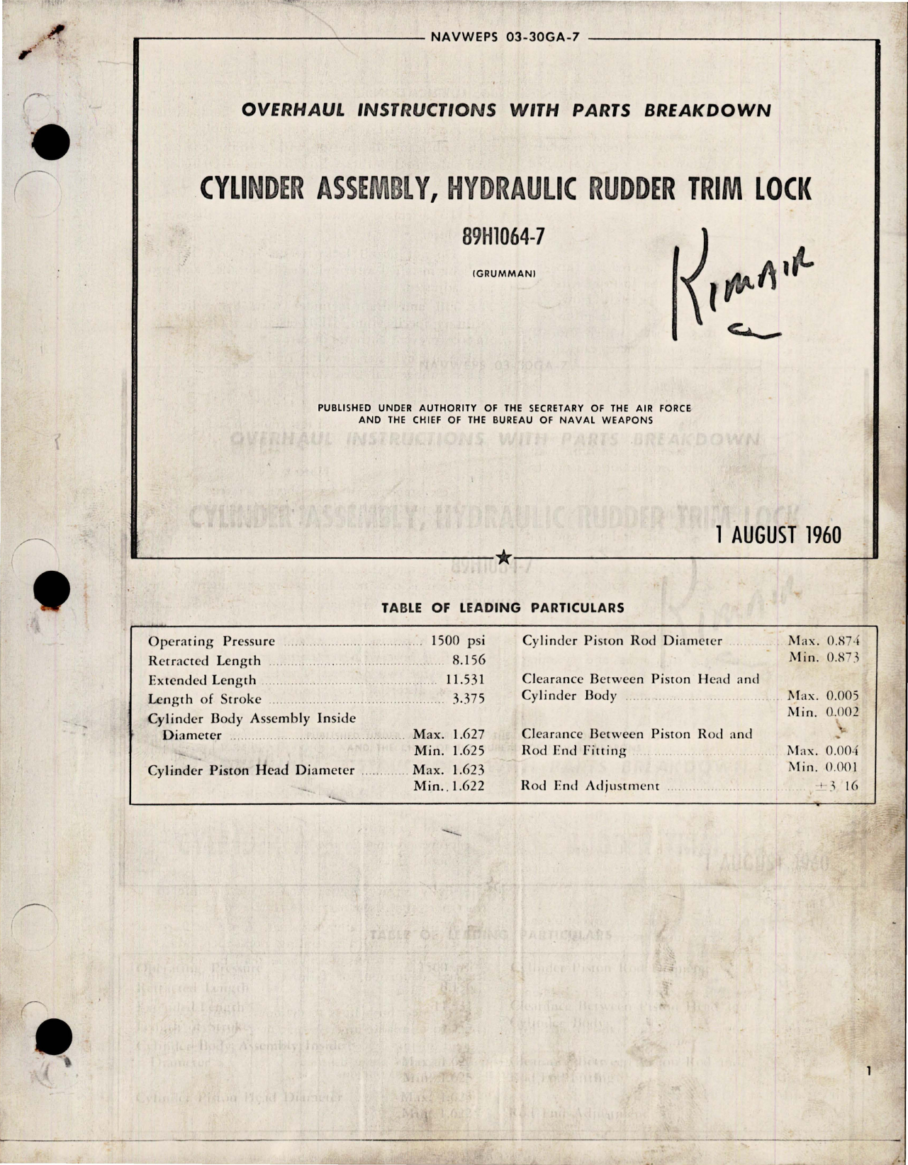 Sample page 1 from AirCorps Library document: Overhaul Instructions with Parts for Cylinder, Assembly, Hydraulic Rudder Trim Lock - 89H1064-7 