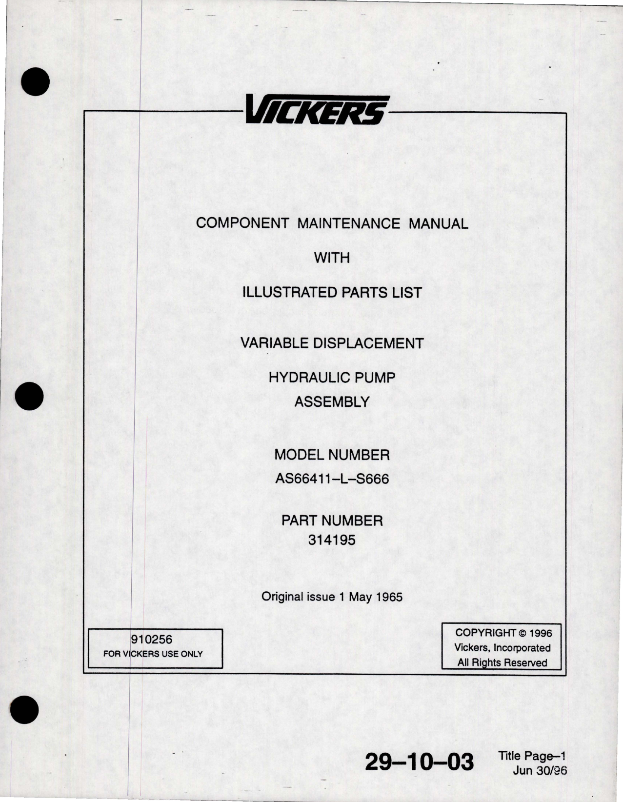 Sample page 1 from AirCorps Library document: Maintenance Manual with Parts List for Variable Displacement Hydraulic Pump Assembly - Model AS66411-L-S666 (Vickers