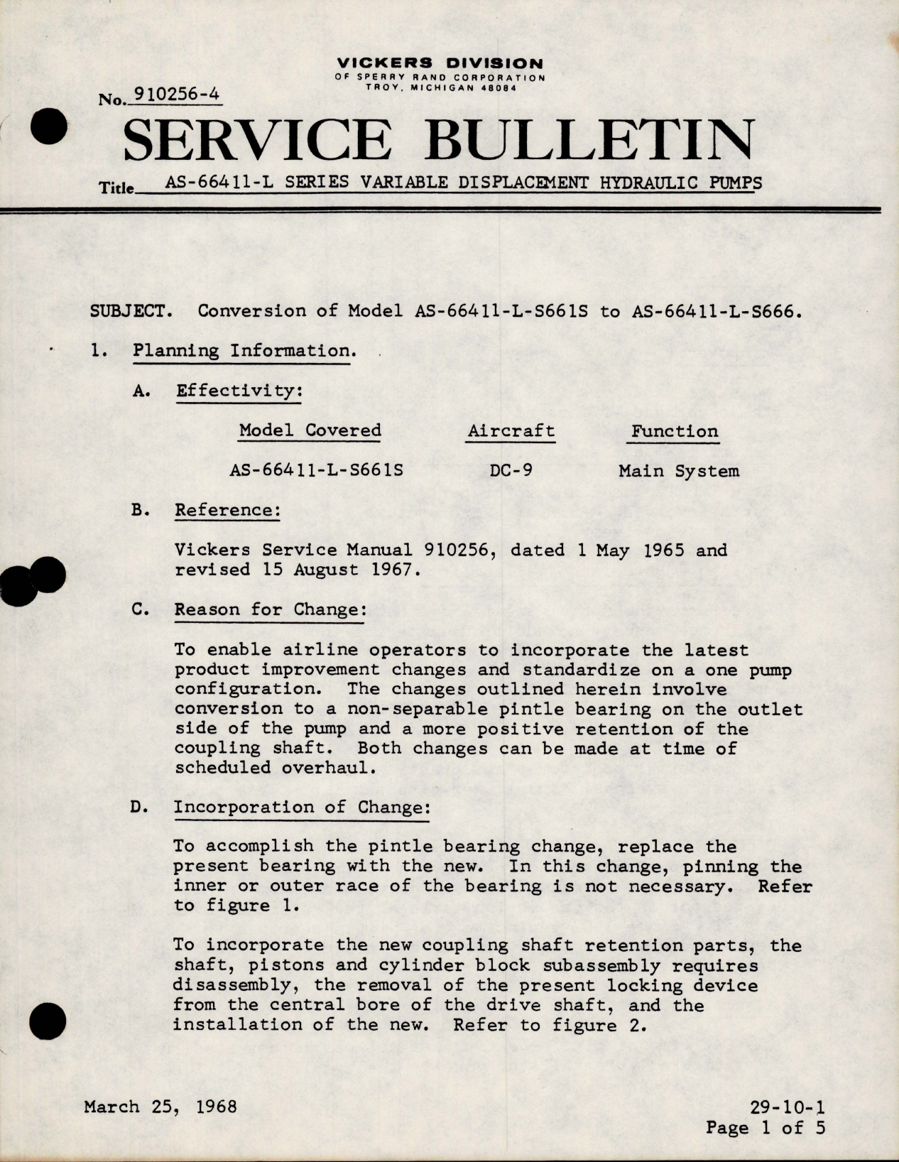 Sample page 1 from AirCorps Library document: Conversion of Hydraulic Pump Model AS-66411-L-S661S to AS-66411-L-S666 