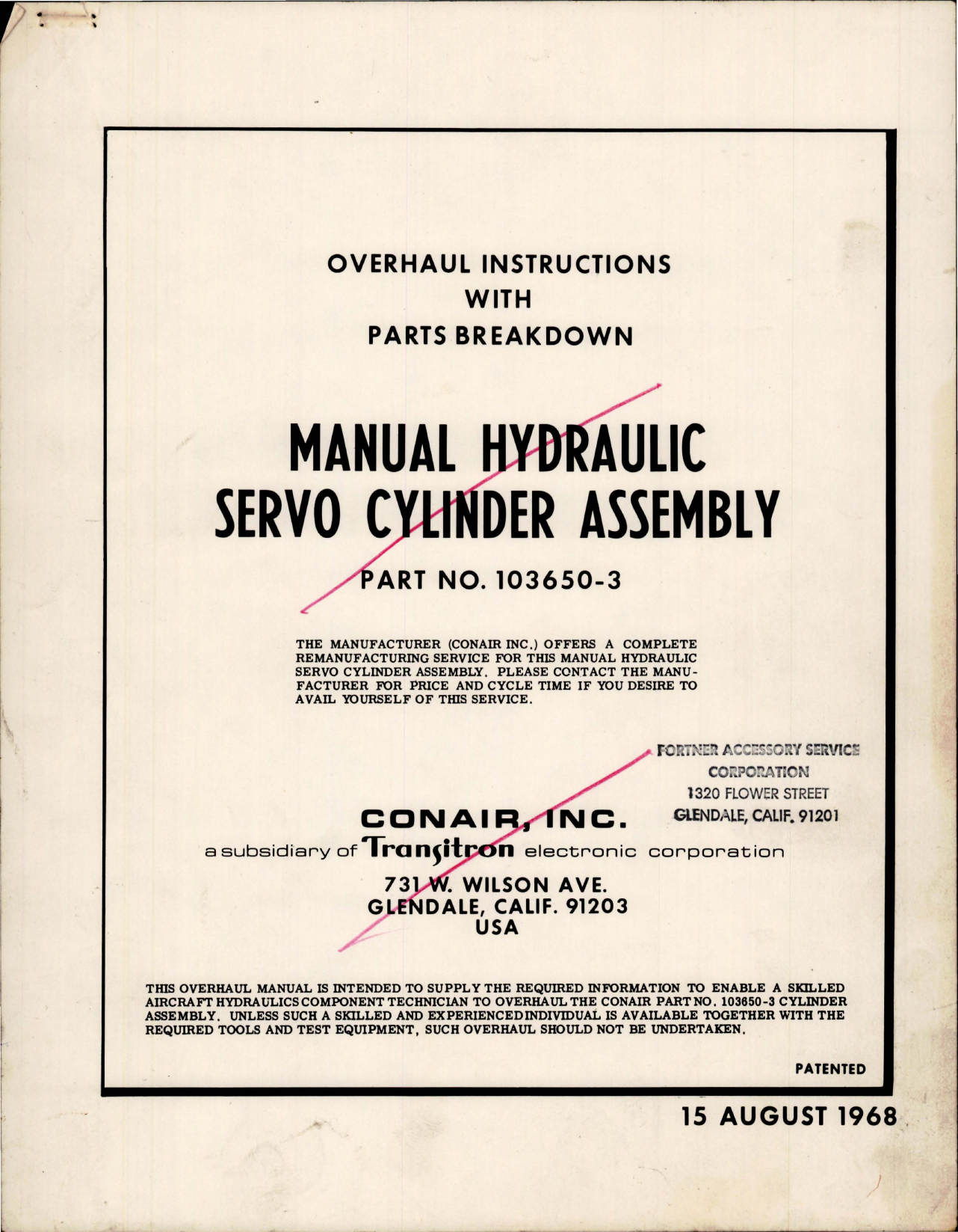 Sample page 1 from AirCorps Library document: Overhaul Instructions with Parts for Manual Hydraulic Servo Cylinder Assembly - Part 103650-3 