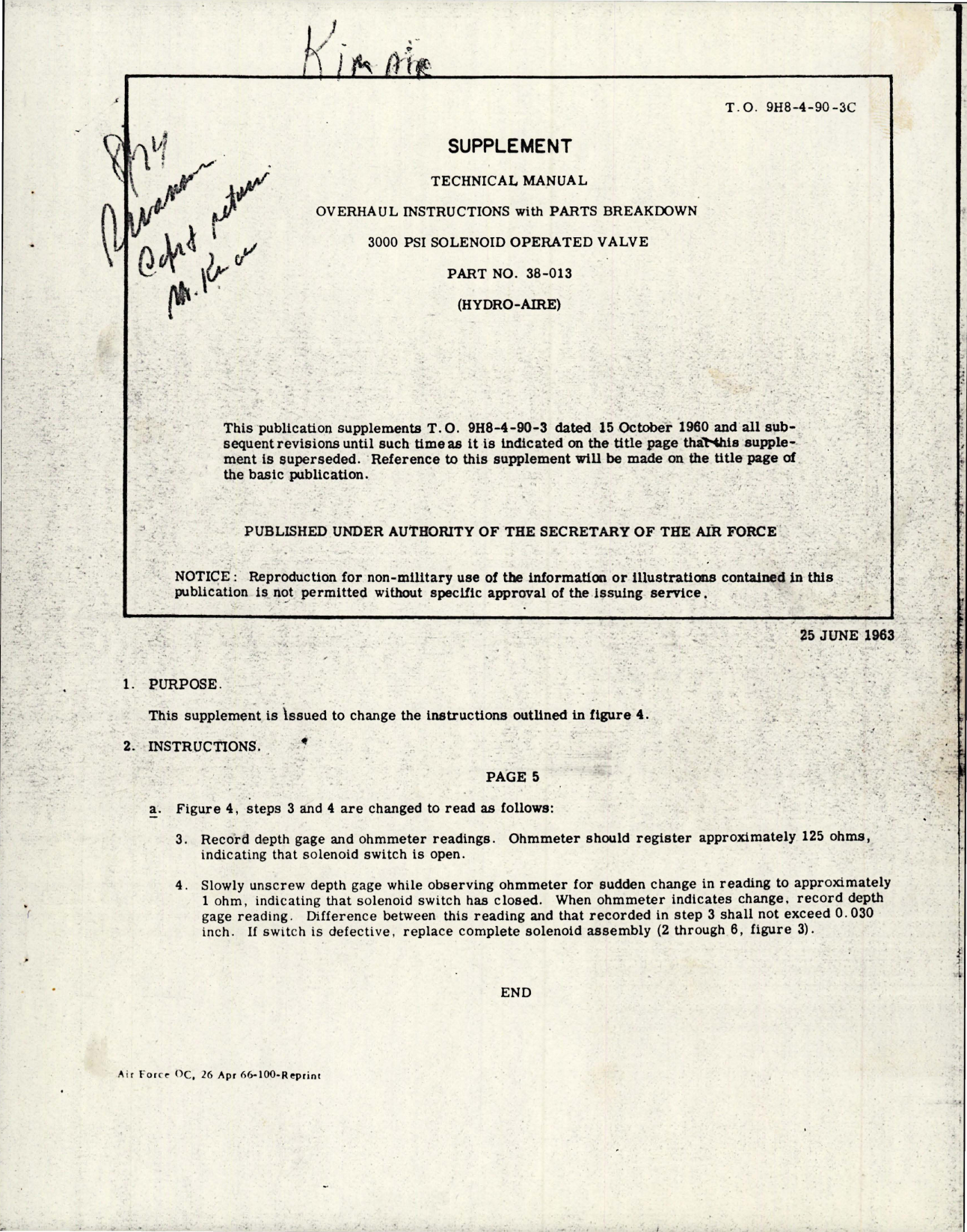 Sample page 1 from AirCorps Library document: Supplement to Overhaul Instructions with Parts Breakdown for 3000 PSI Solenoid Operated Valve - Part 38-013 