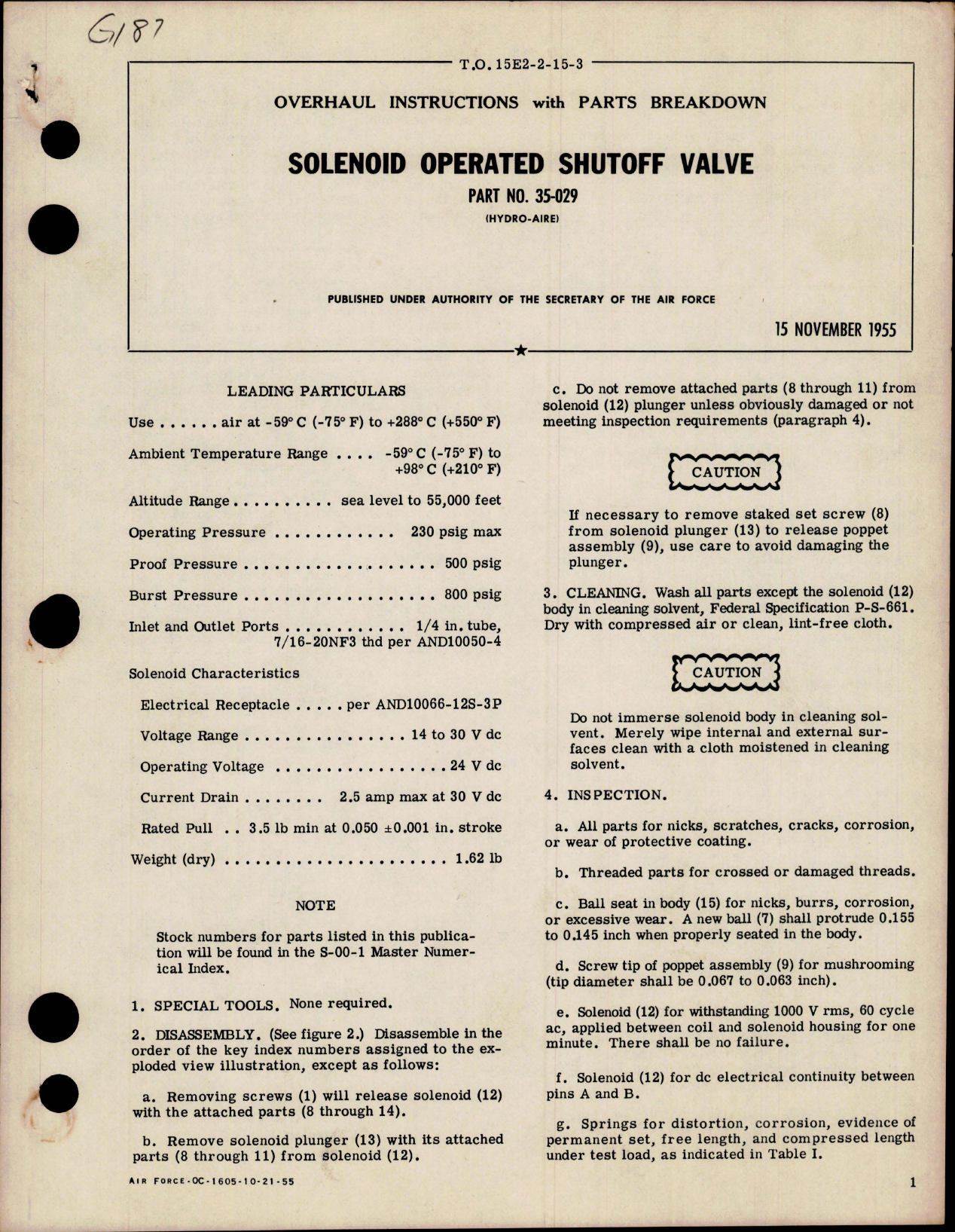 Sample page 1 from AirCorps Library document: Overhaul Instructions w Parts for Solenoid Operated Shutoff Valve - Part 35-029 