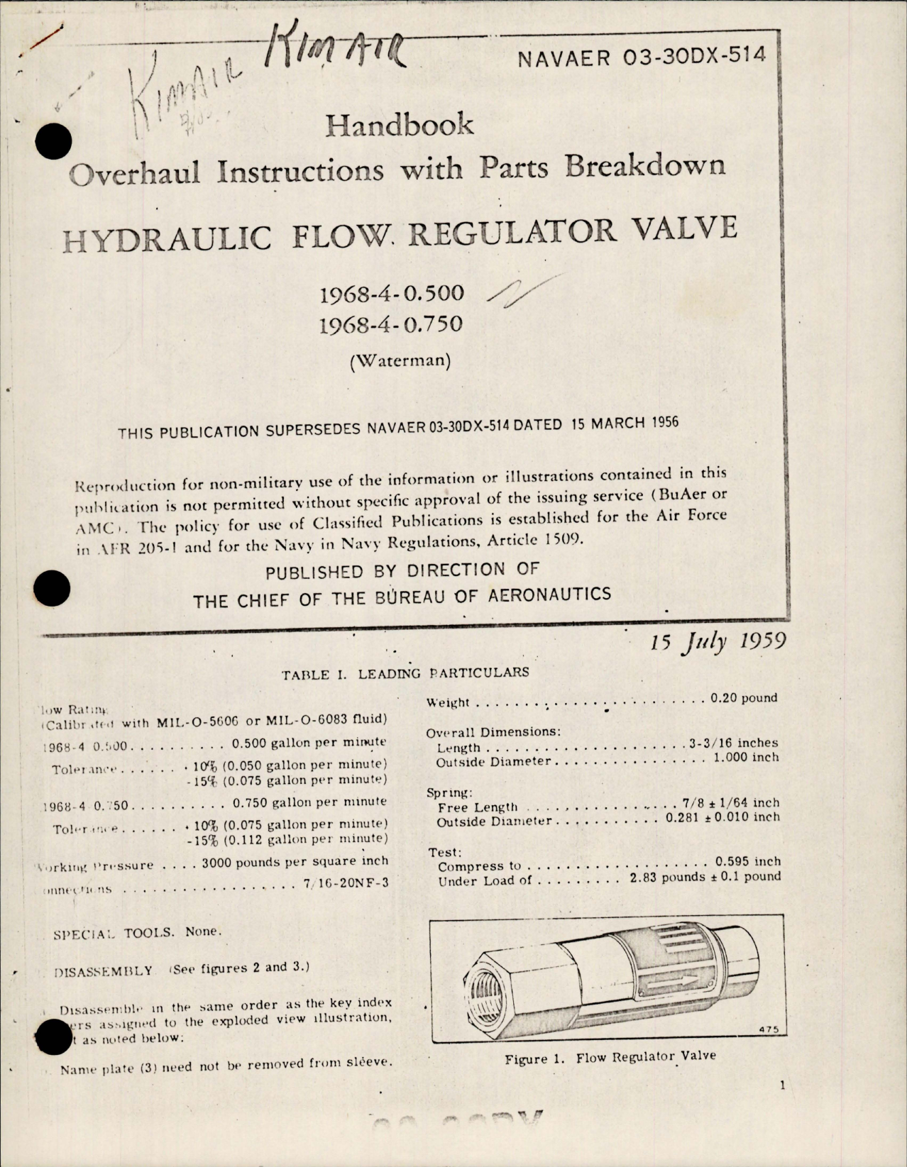 Sample page 1 from AirCorps Library document: Overhaul Instructions with Parts for Hydraulic Flow Regulator Valve - 1968-4-0.500 and 1968-4-0.750 