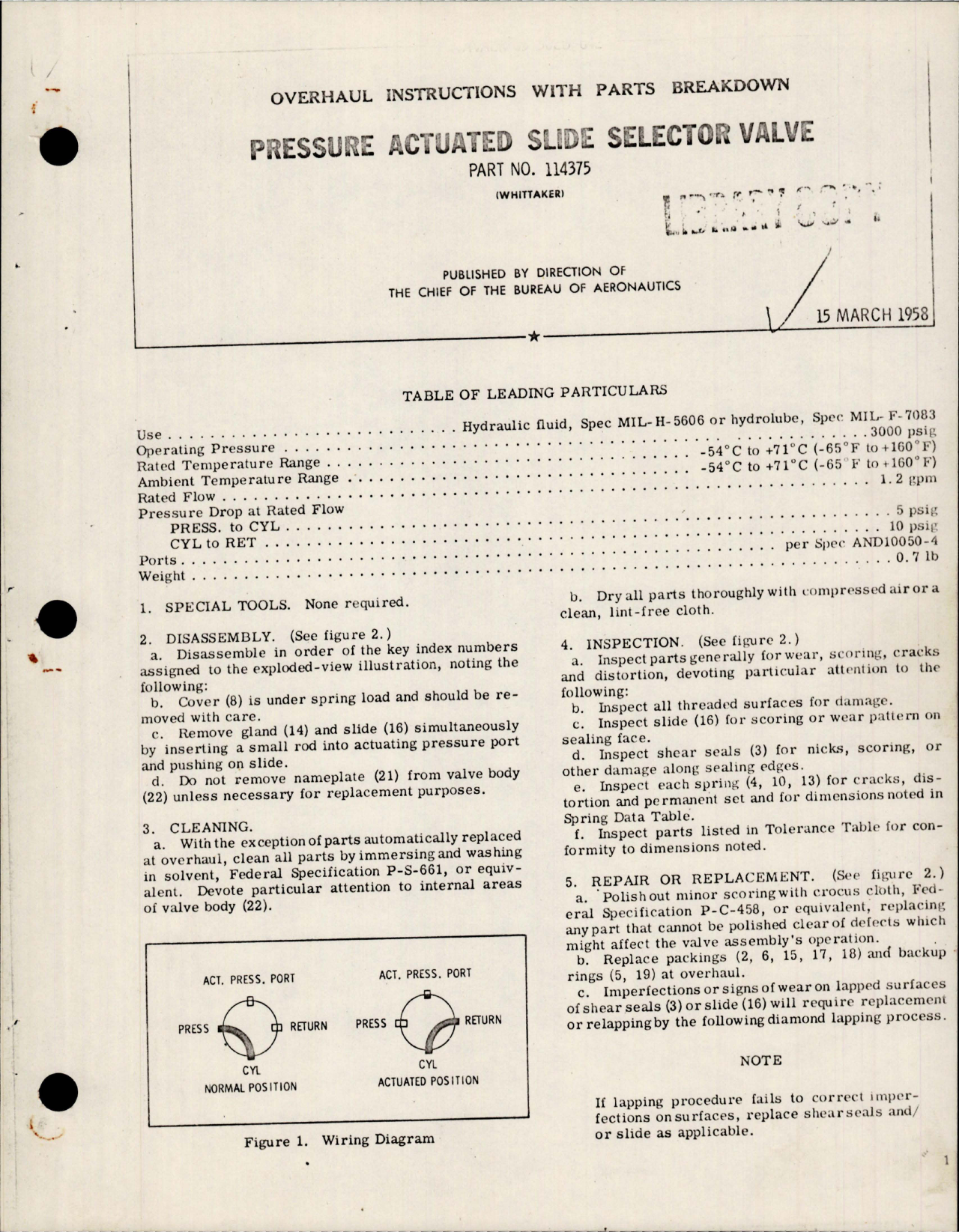 Sample page 1 from AirCorps Library document: Overhaul Instructions with Parts for Pressure Actuated Slide Selector Valve - Part 114375 