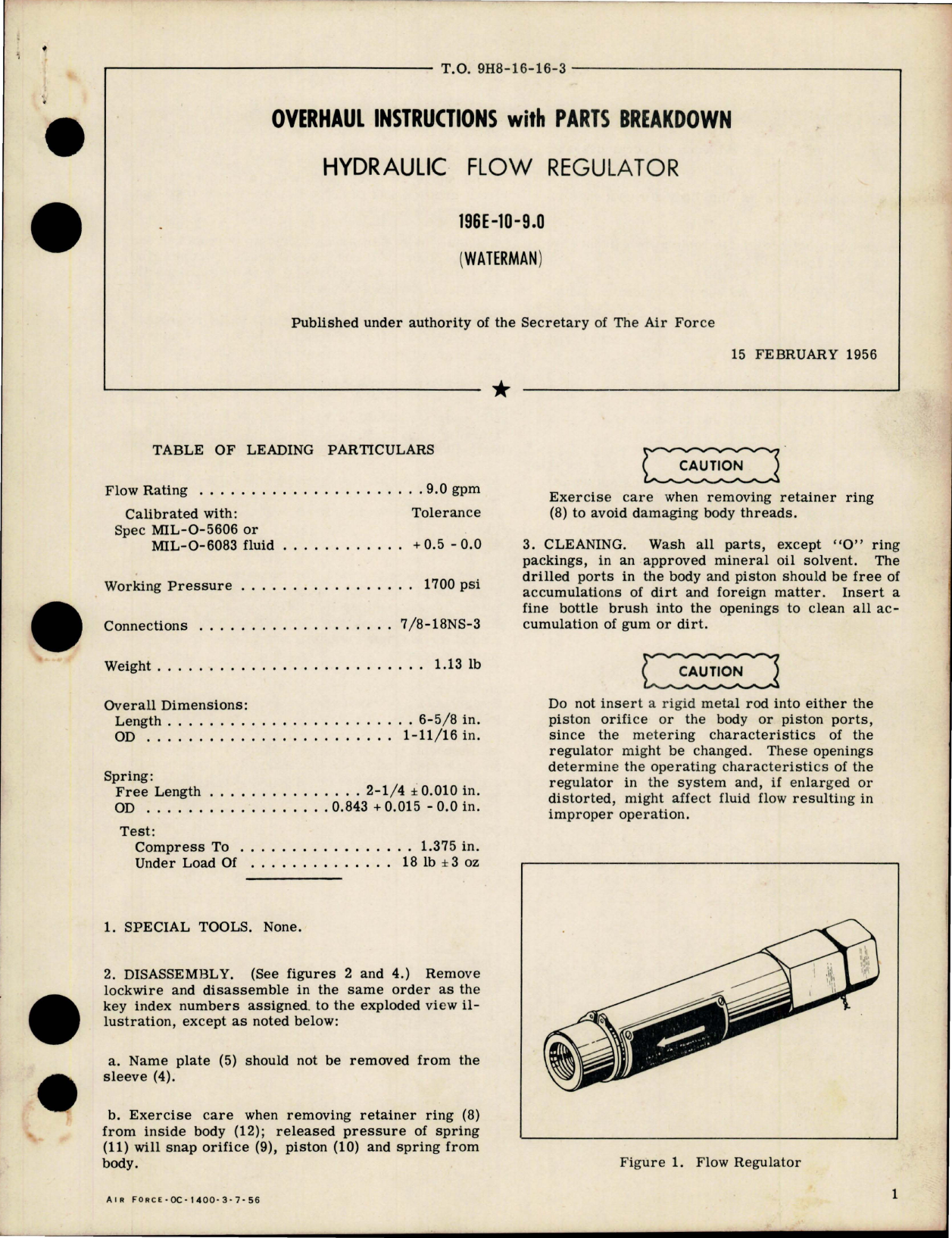 Sample page 1 from AirCorps Library document: Overhaul Instructions with Parts for Hydraulic Flow Regulator - 196E-10-9.0