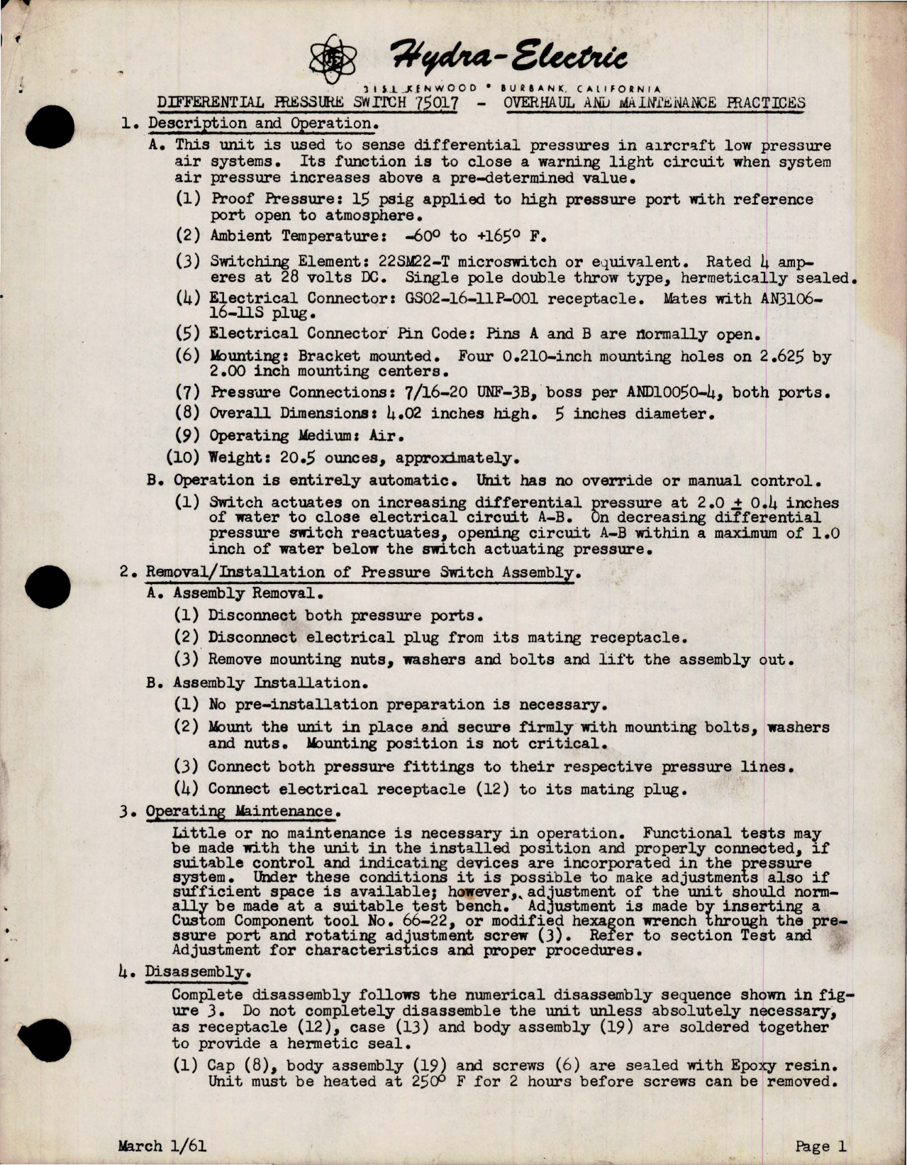 Sample page 1 from AirCorps Library document: Overhaul and Maintenance Practices for Differential Pressure Switch 75017 