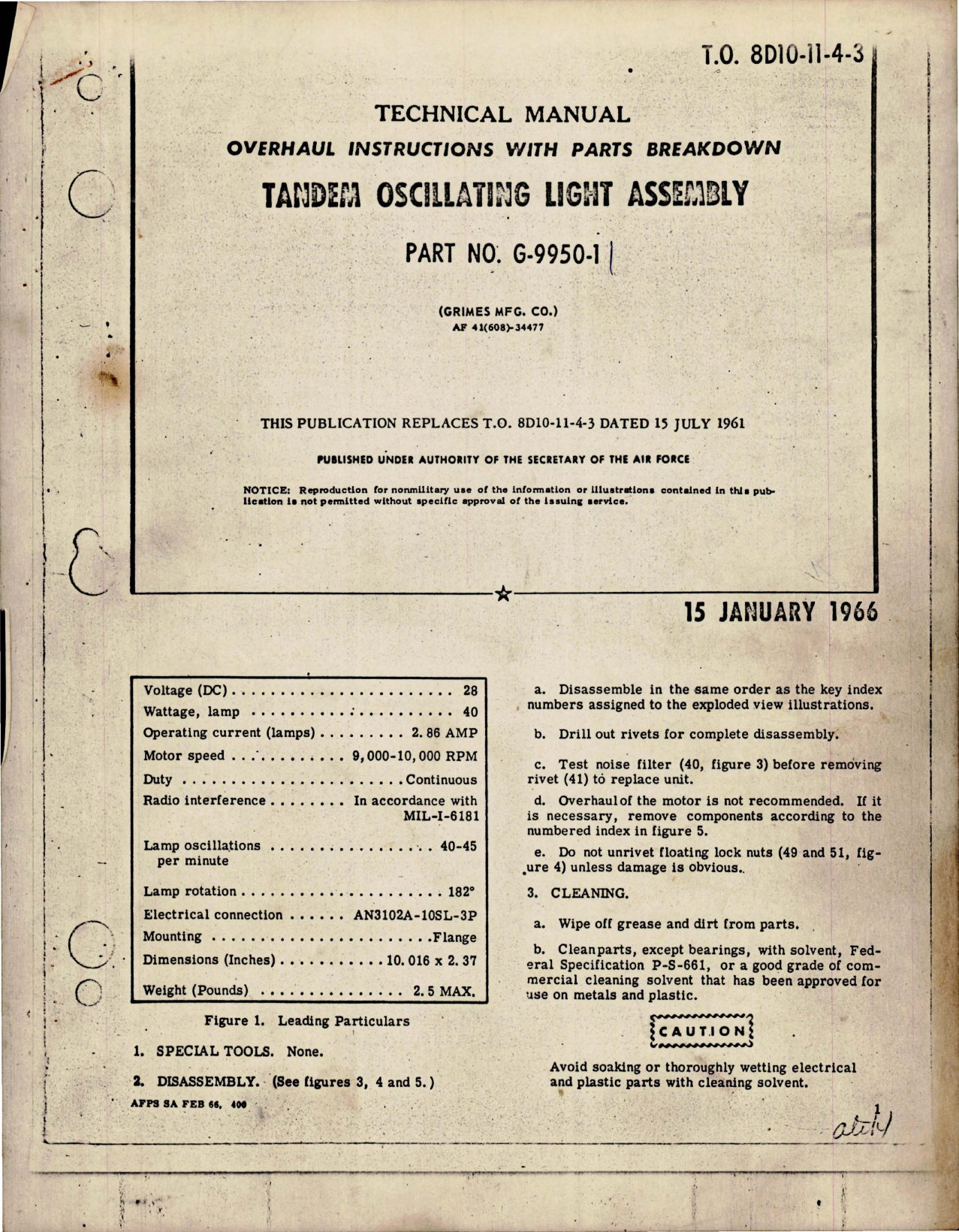 Sample page 1 from AirCorps Library document: Overhaul Instructions with Parts for Tandem Oscillating Light Assembly - Parts G-9950-1 