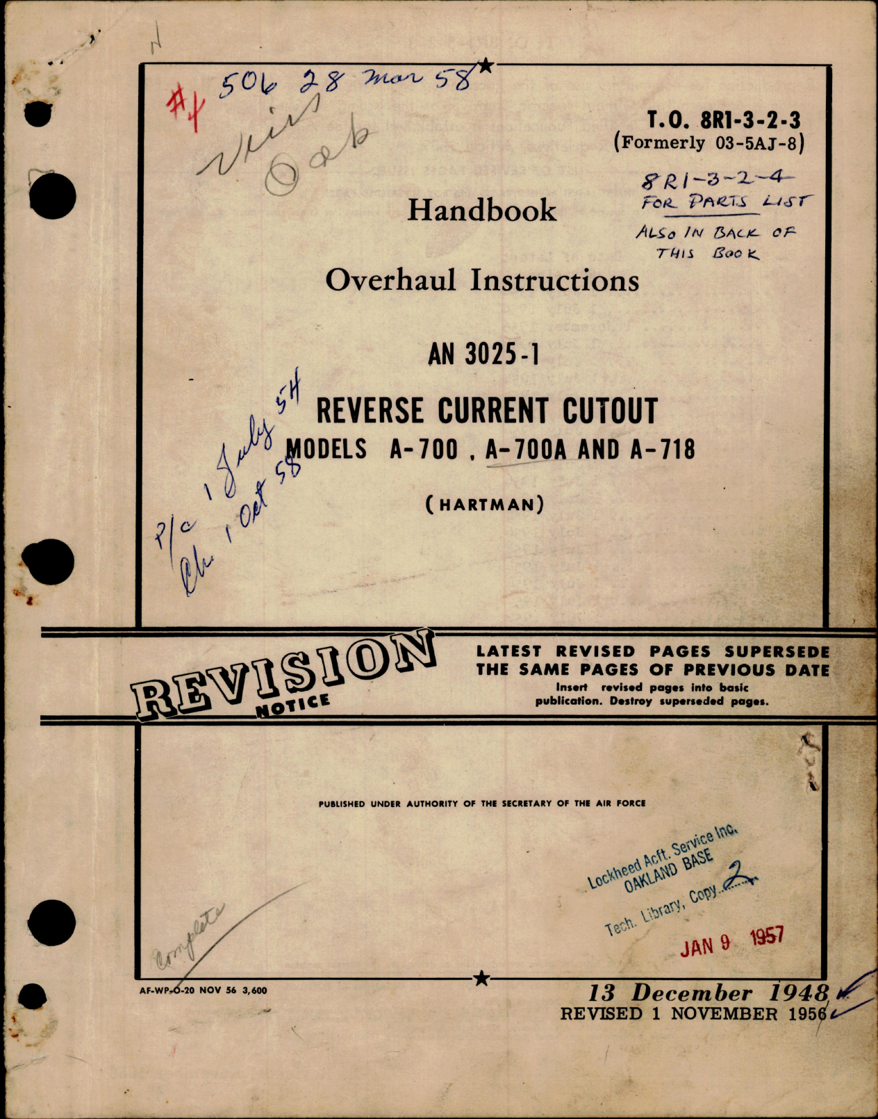 Sample page 1 from AirCorps Library document: Overhaul Instructions for Reverse Current Cutout AN 3025-1 - Models A-700, A-700A and A-718