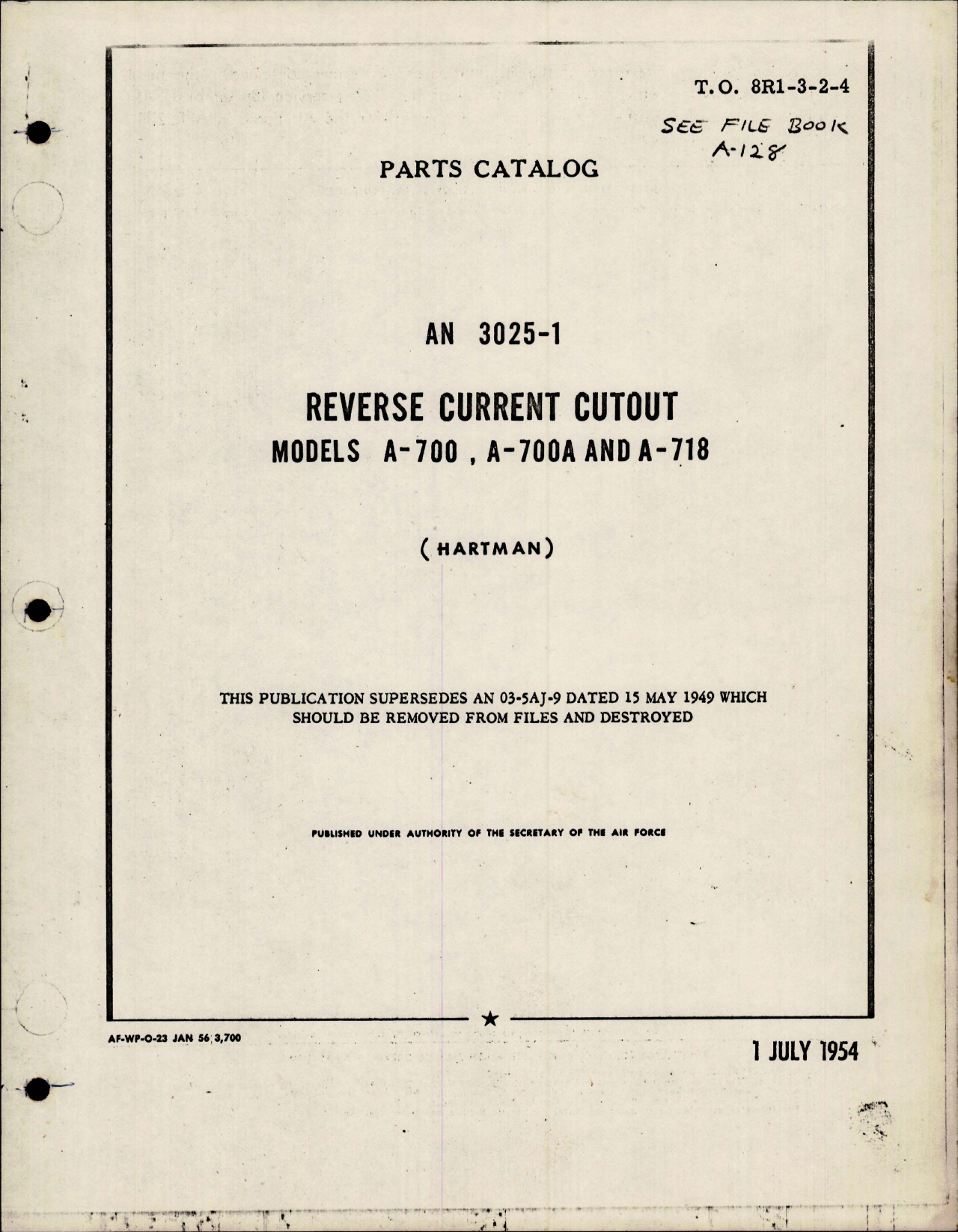 Sample page 1 from AirCorps Library document: Parts Catalog for Reverse Current Cutout - Type AN 3025-1 