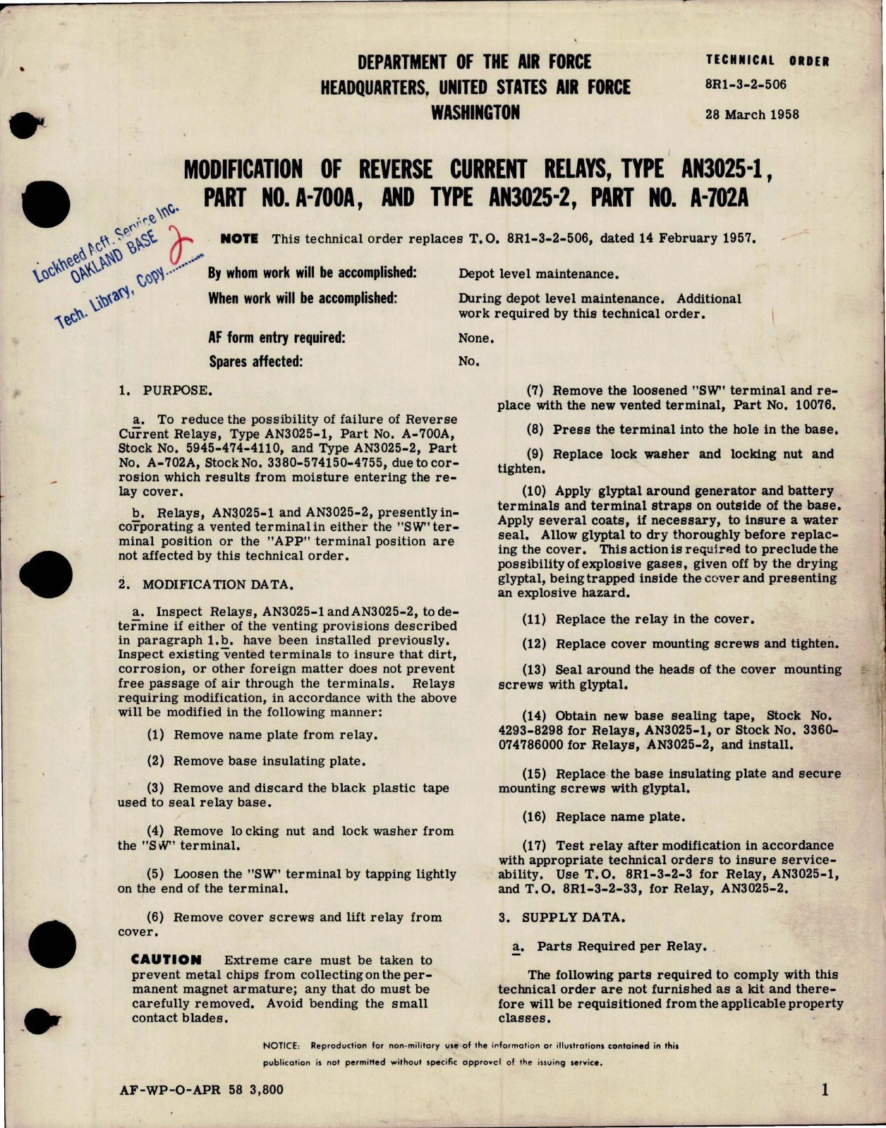 Sample page 1 from AirCorps Library document: Modification of Reverse Current Relays - Type AN 3025-1, AN3025-2 - Part A-700A, A-702A