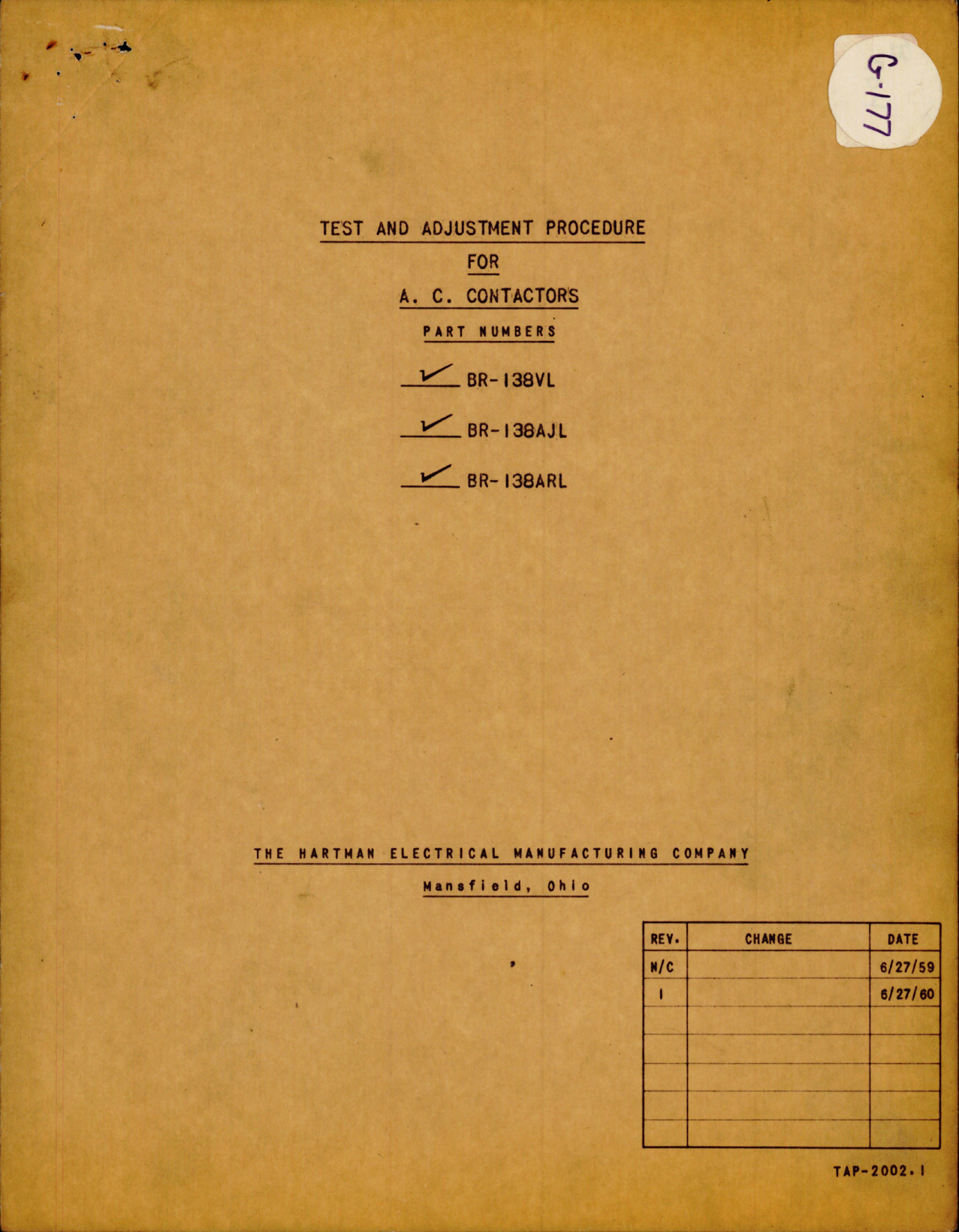 Sample page 1 from AirCorps Library document: Test and Adjustment Procedure for AC Contactors - Parts BR-138VL, BR-138AJL and BR-138ARL 