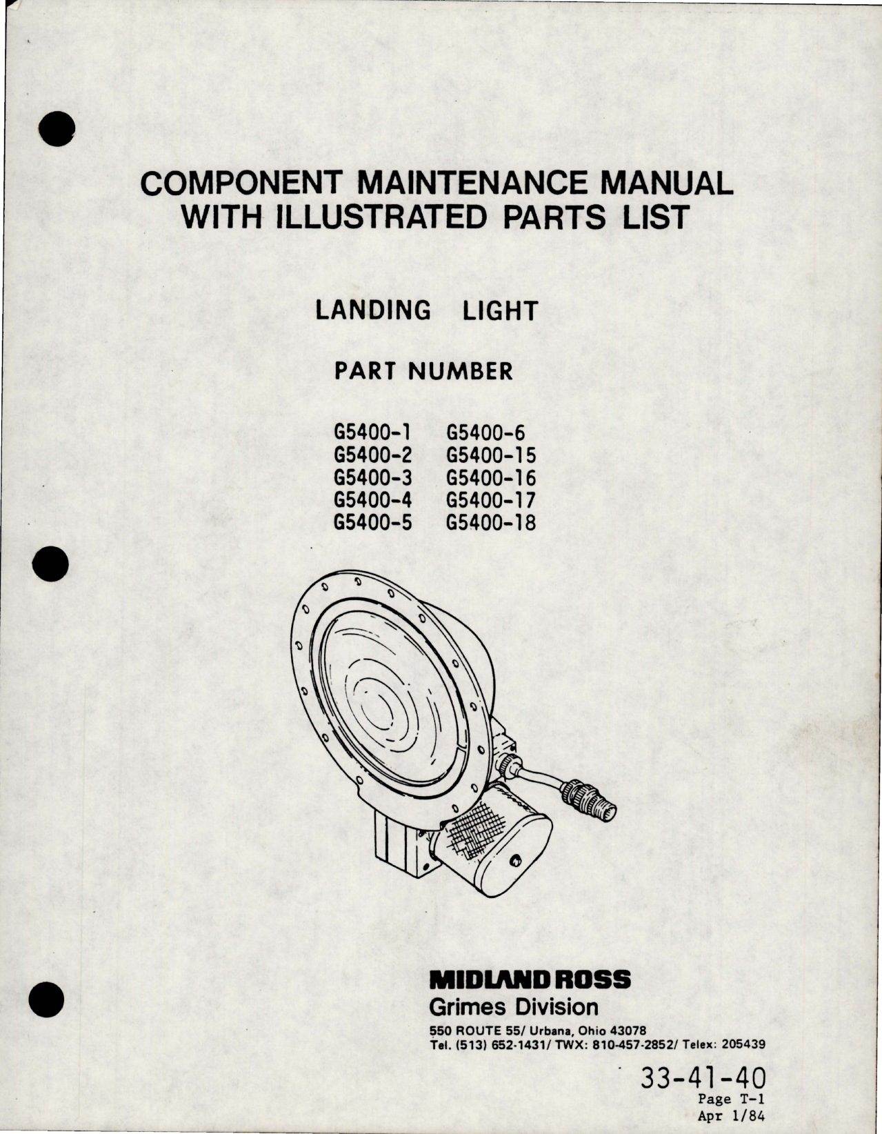 Sample page 1 from AirCorps Library document: Maintenance Manual for Landing Light - Part G5400 Series 