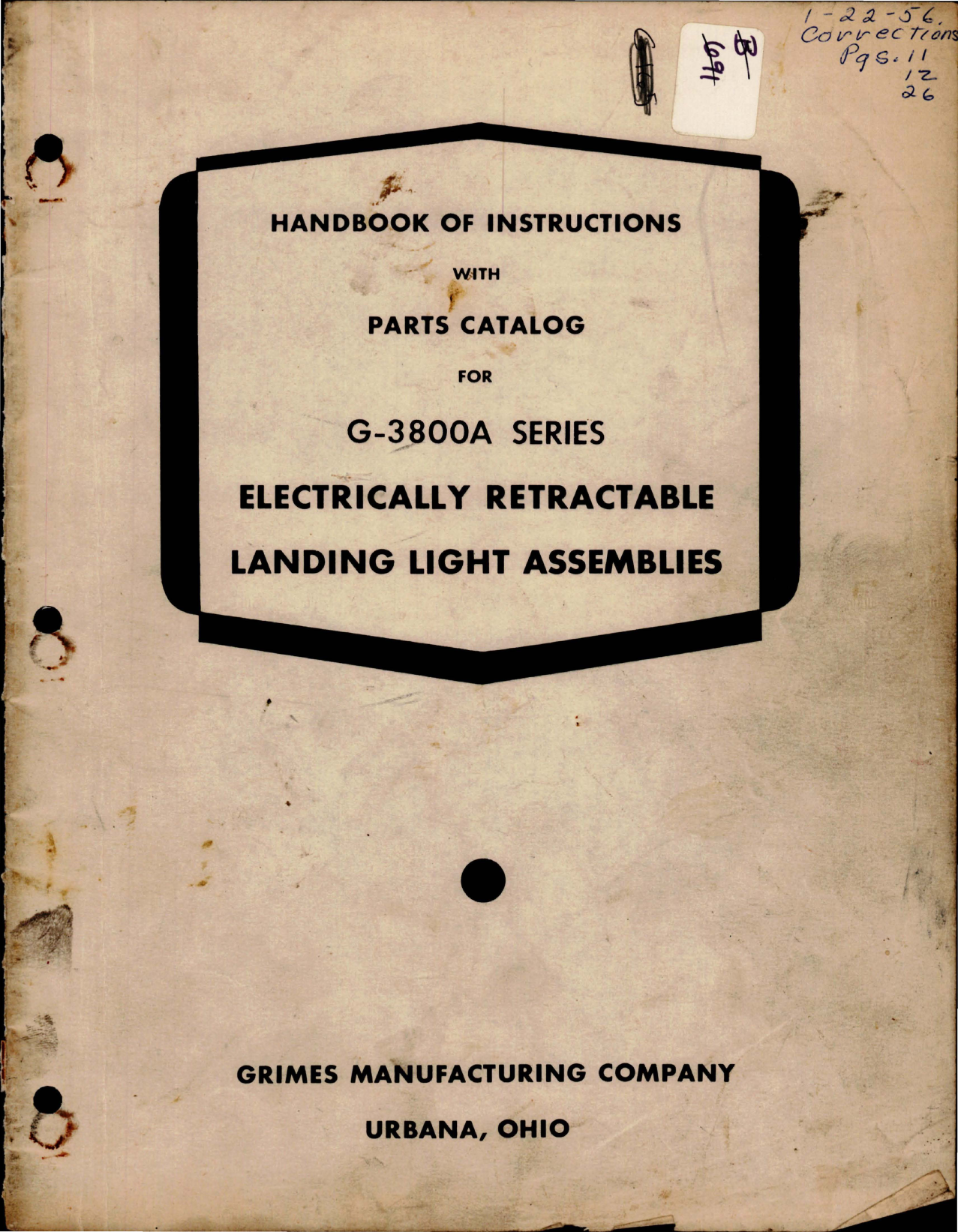 Sample page 1 from AirCorps Library document: Handbook of Instructions with Parts for Electrically Retractable Landing Light Assemblies - G-3800A Series