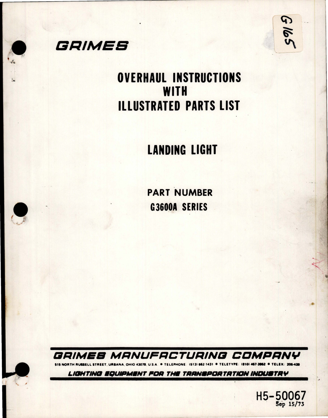 Sample page 1 from AirCorps Library document: Overhaul Instructions with Illustrated Parts List for Landing Light - Part G3600A Series 