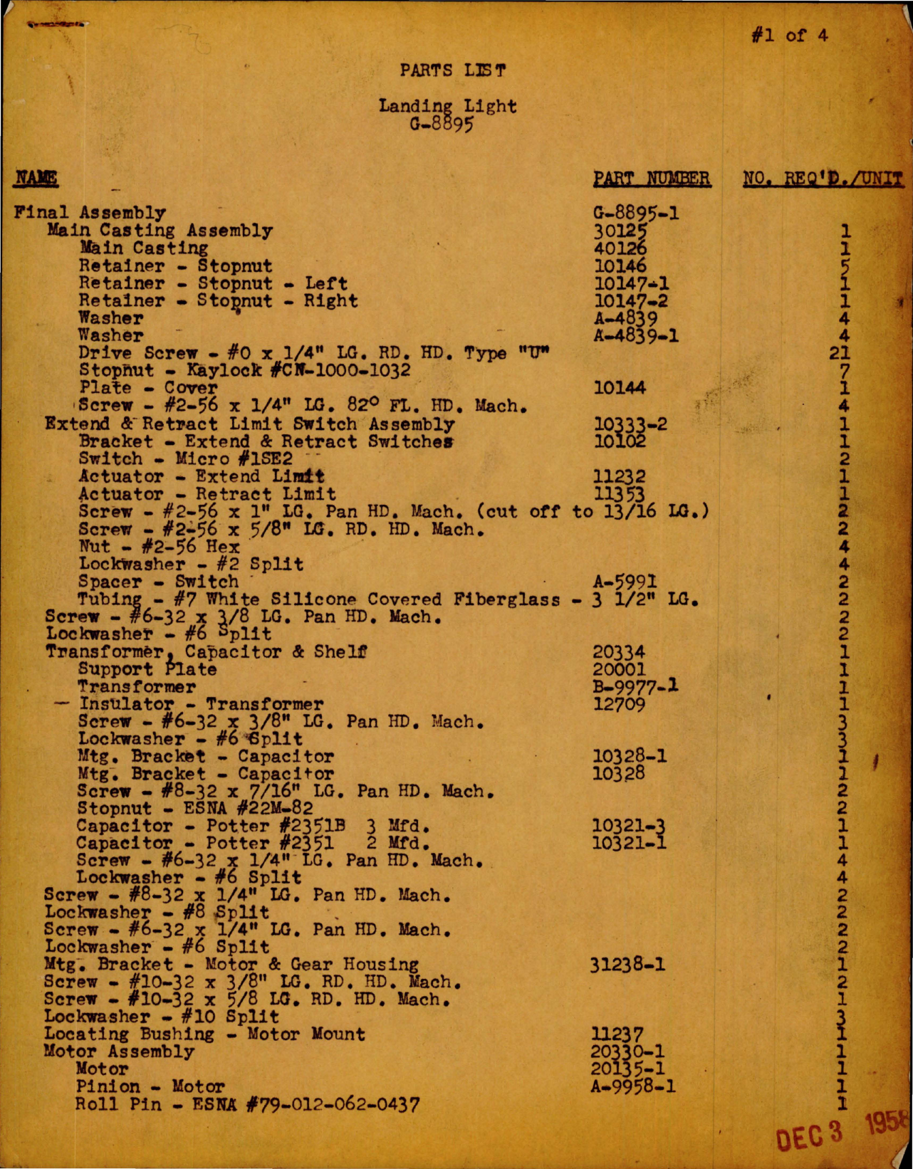 Sample page 1 from AirCorps Library document: Parts List for Landing Light - Part G-8895 