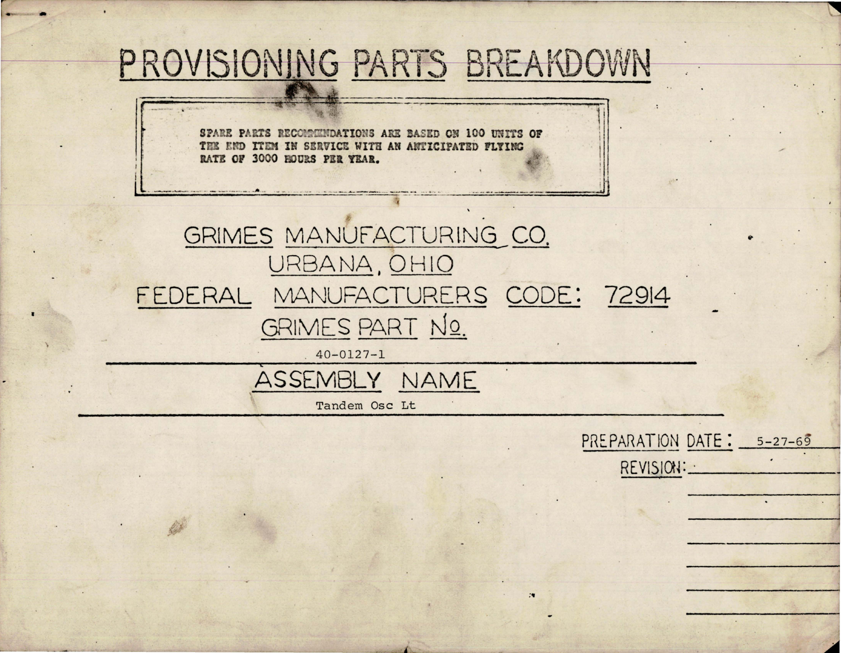 Sample page 1 from AirCorps Library document: Provisioning Parts Breakdown for Tandem Oscillating Light - Part 40-0127-1 