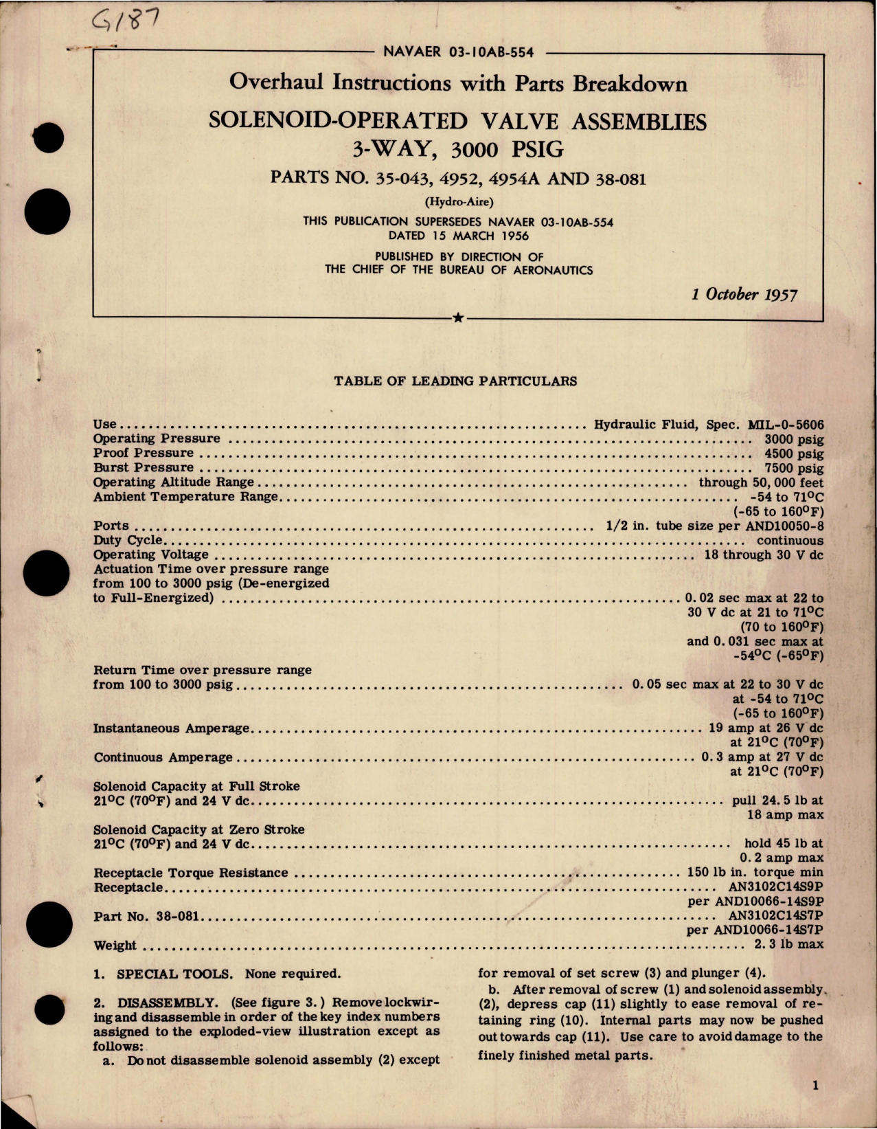 Sample page 1 from AirCorps Library document: Overhaul Instructions with Parts to Solenoid Operated Valve Assemblies - 3-Way - 3000 PSIG - Parts 35-043, 4952, 4954A and 38-081