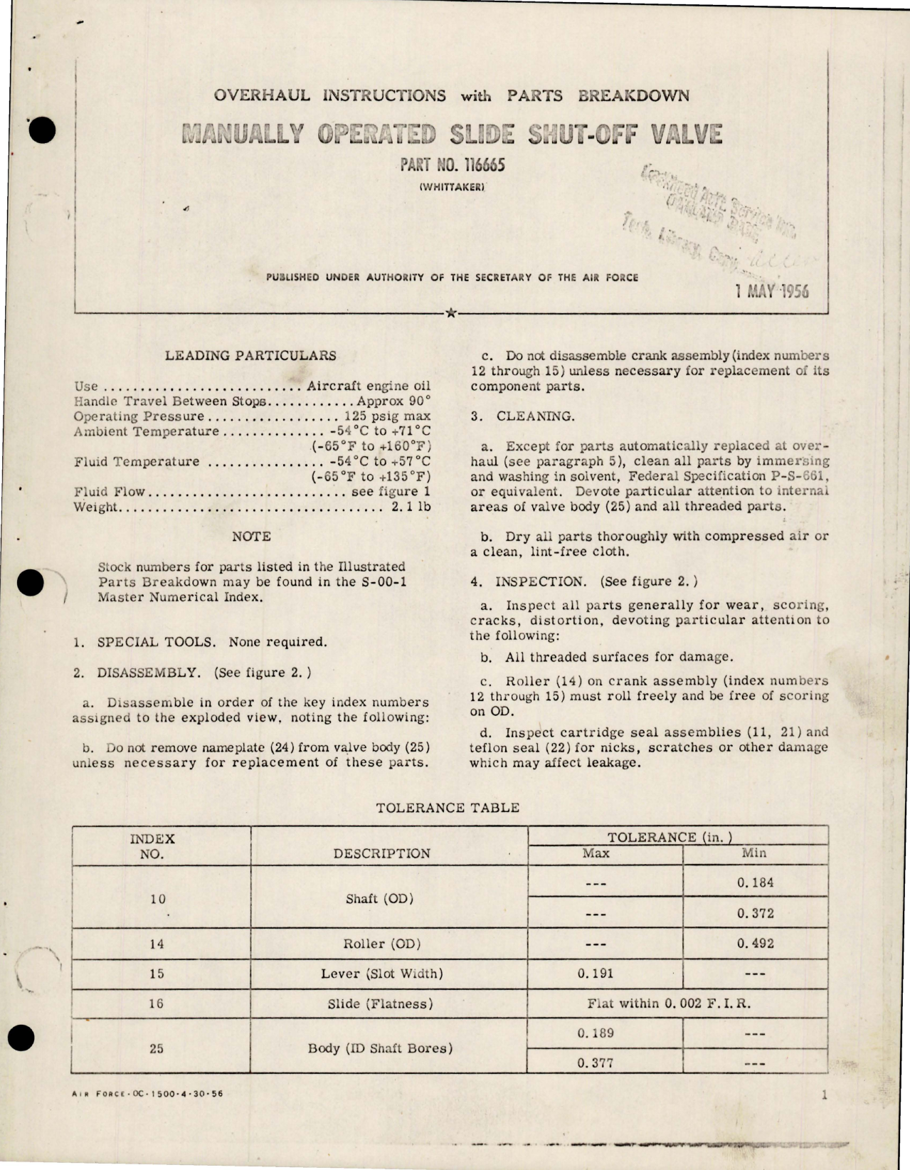 Sample page 1 from AirCorps Library document: Overhaul Instructions with Parts for Manually Operated Slide Shut-Off Valve - Part 116665 