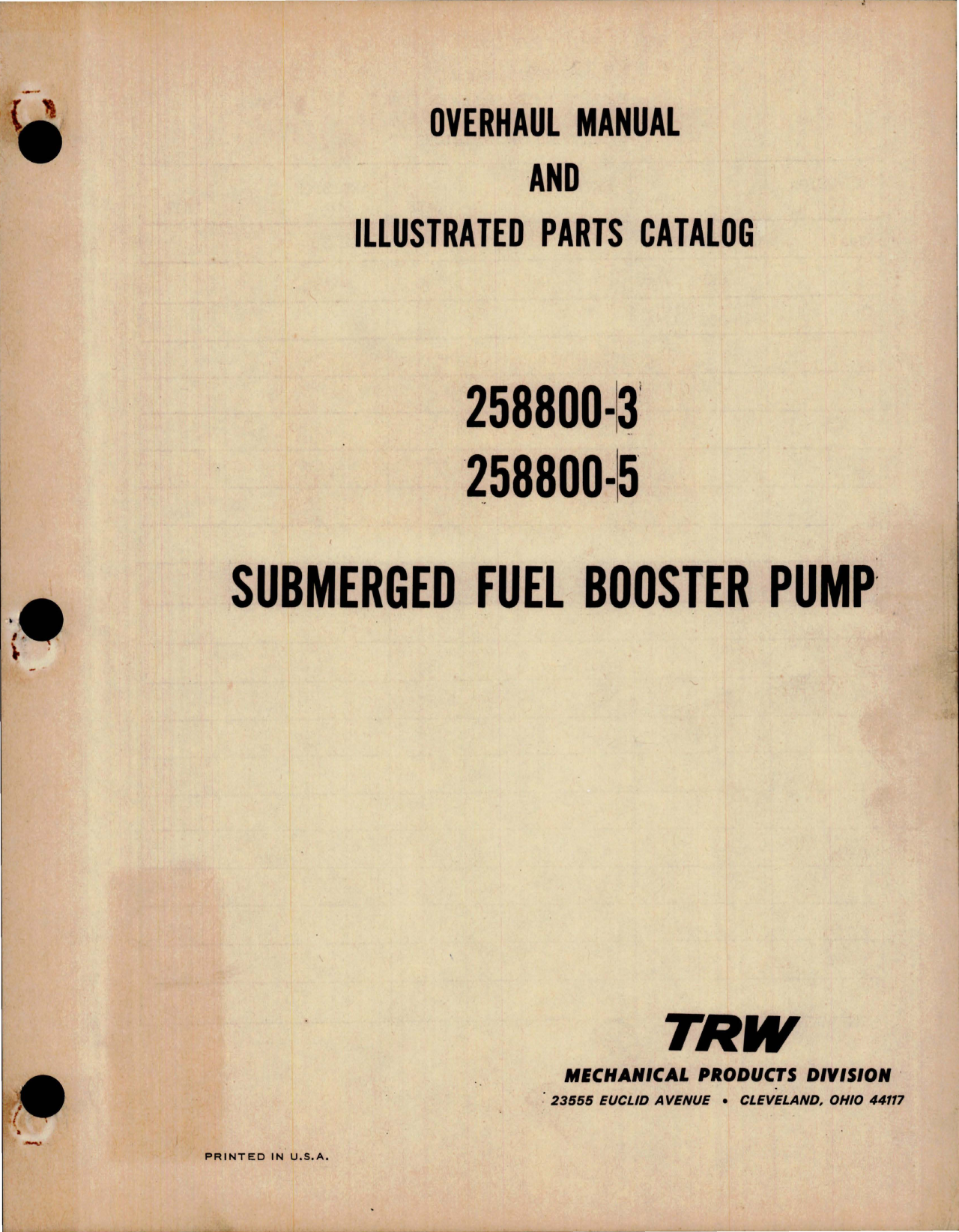 Sample page 1 from AirCorps Library document: Overhaul Instructions w Parts Catalog for Submerged Fuel Booster Pump - 258800-3 and 258800-5