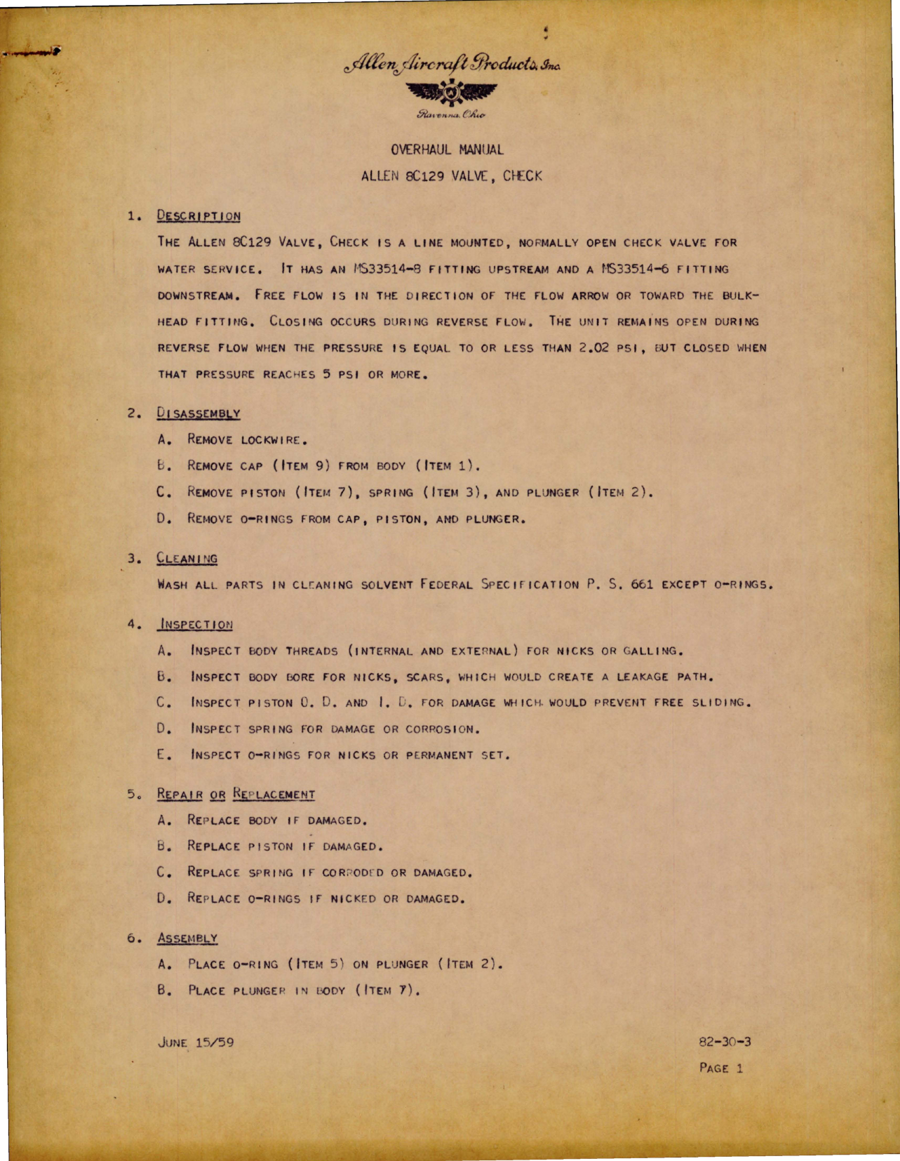 Sample page 1 from AirCorps Library document: Overhaul Manual for Check Valve - 8C129 