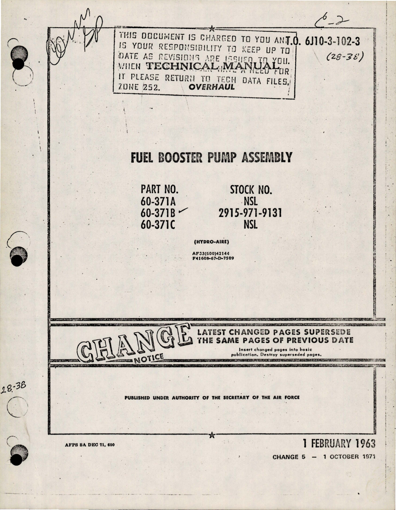 Sample page 1 from AirCorps Library document: Overhaul Manual for Fuel Booster Pump Assembly - Parts 60-371A, 60-371B, and 60-371C