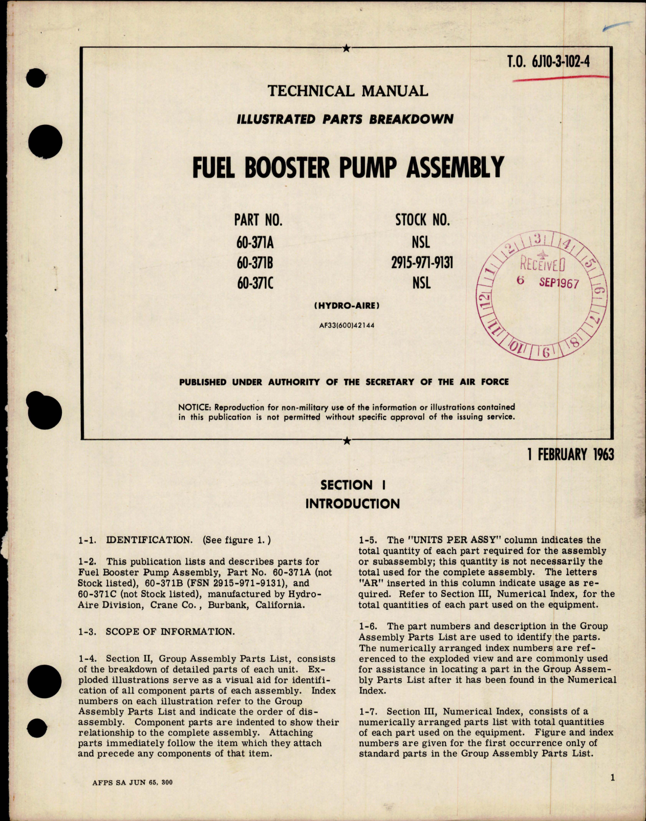 Sample page 1 from AirCorps Library document: Illustrated Parts Breakdown for Fuel Booster Pump Assembly - Parts 60-371A, 60-371B, 60-371C 