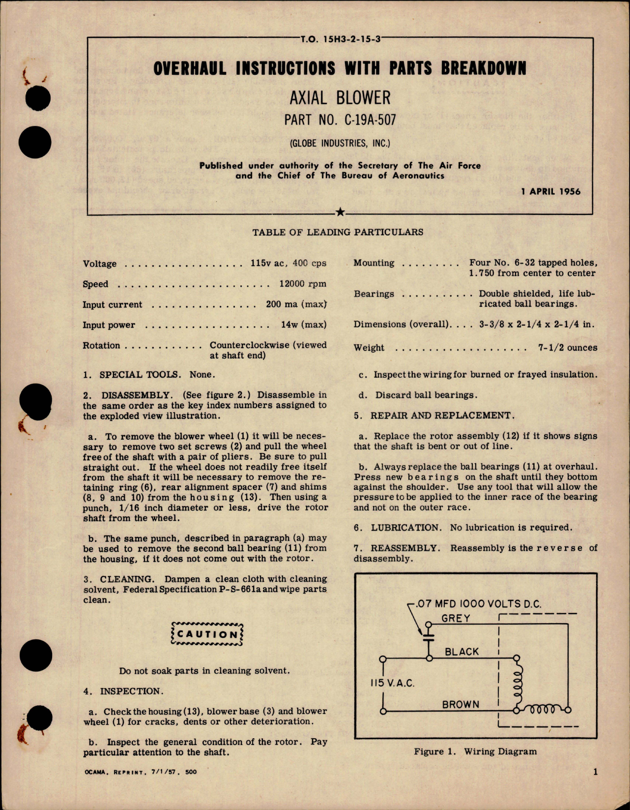 Sample page 1 from AirCorps Library document: Overhaul Instructions w Parts Breakdown for Axial Blower - Part C-19A-507 