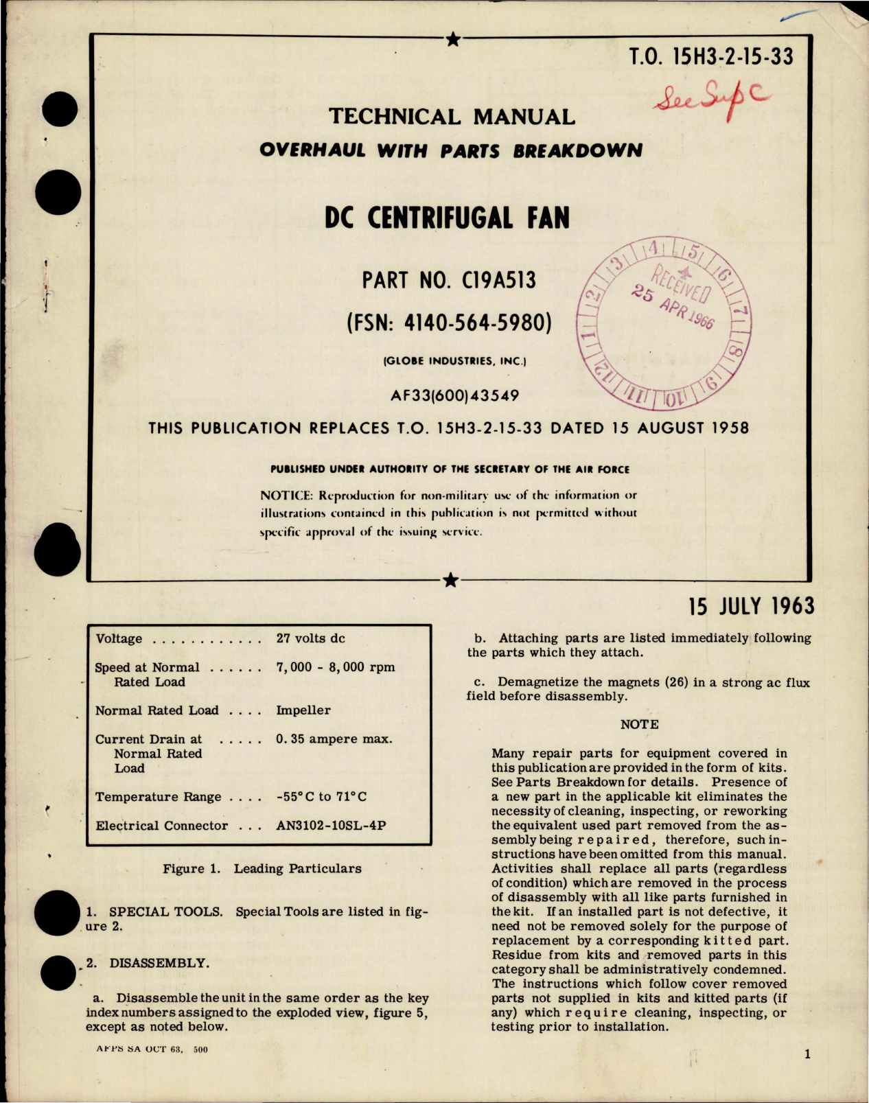 Sample page 1 from AirCorps Library document: Overhaul w Parts Breakdown for DC Centrifugal Fan - Part C19A513 