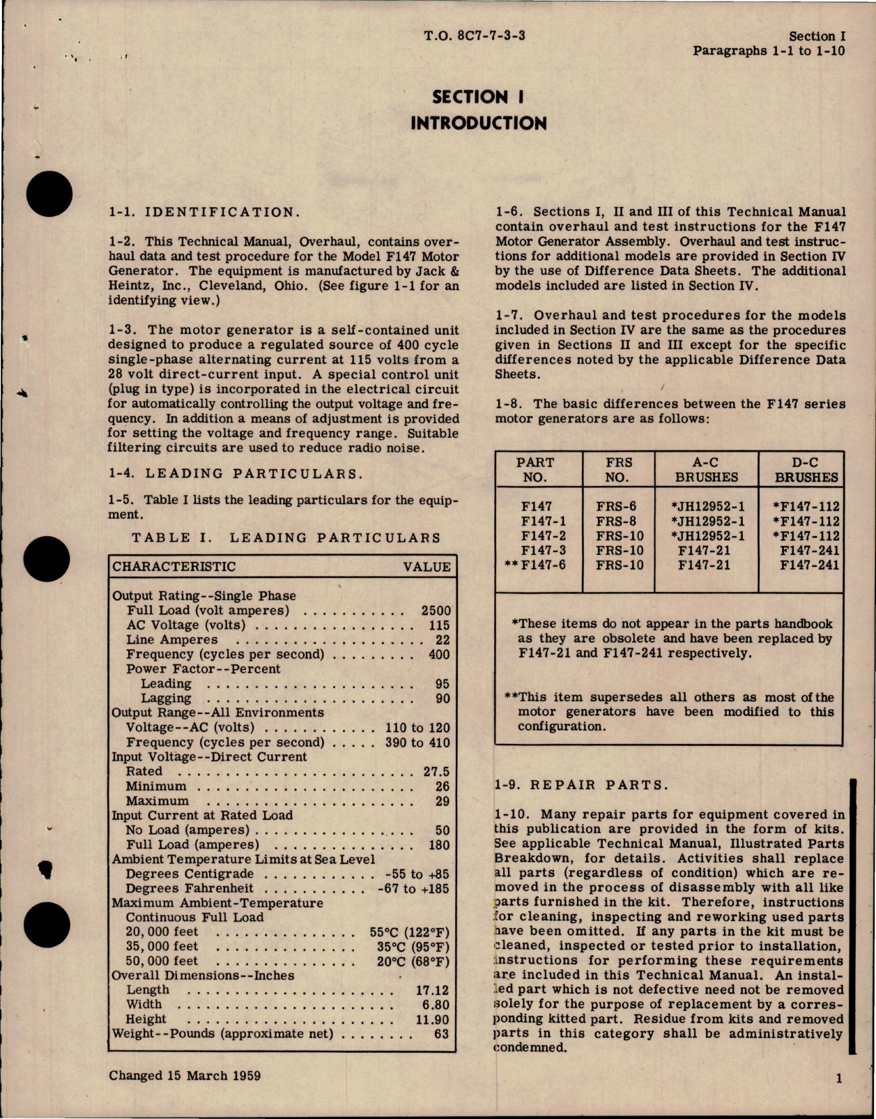 Sample page 5 from AirCorps Library document: Overhaul Manual for Motor Generator - Models F147, F147-1, F147-2, F147-3 and F147-6