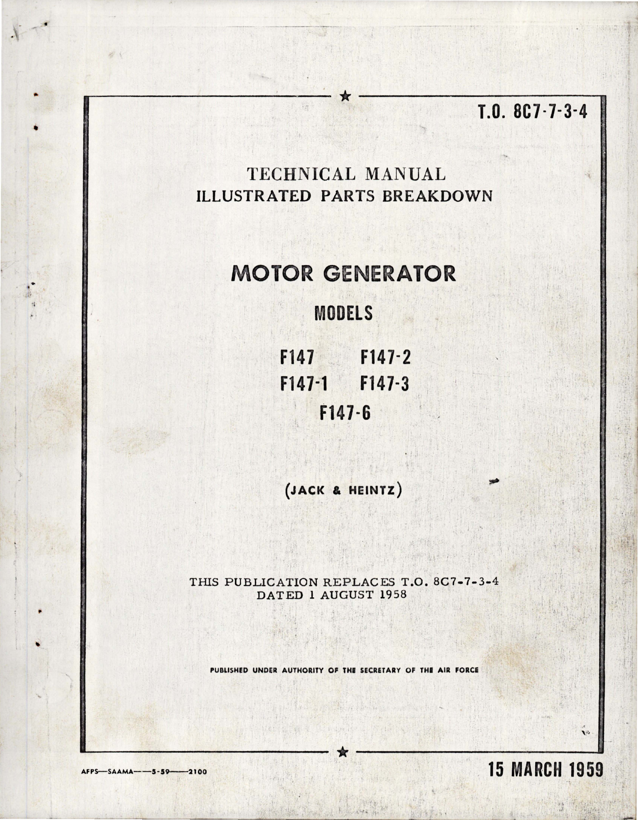 Sample page 1 from AirCorps Library document: Illustrated Parts Breakdown for Motor Generator - Models F147, F147-1, F147-2, F147-3, and F147-6