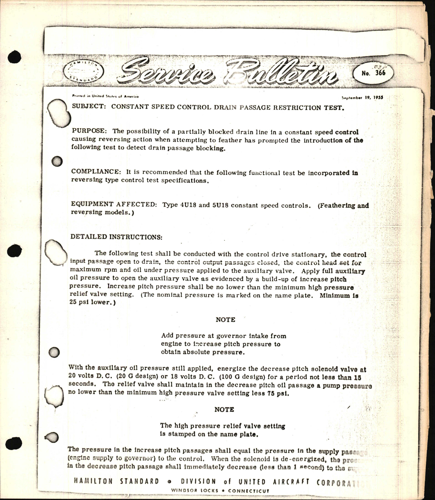 Sample page 1 from AirCorps Library document: Constant Speed Control Drain Passage Restriction Test