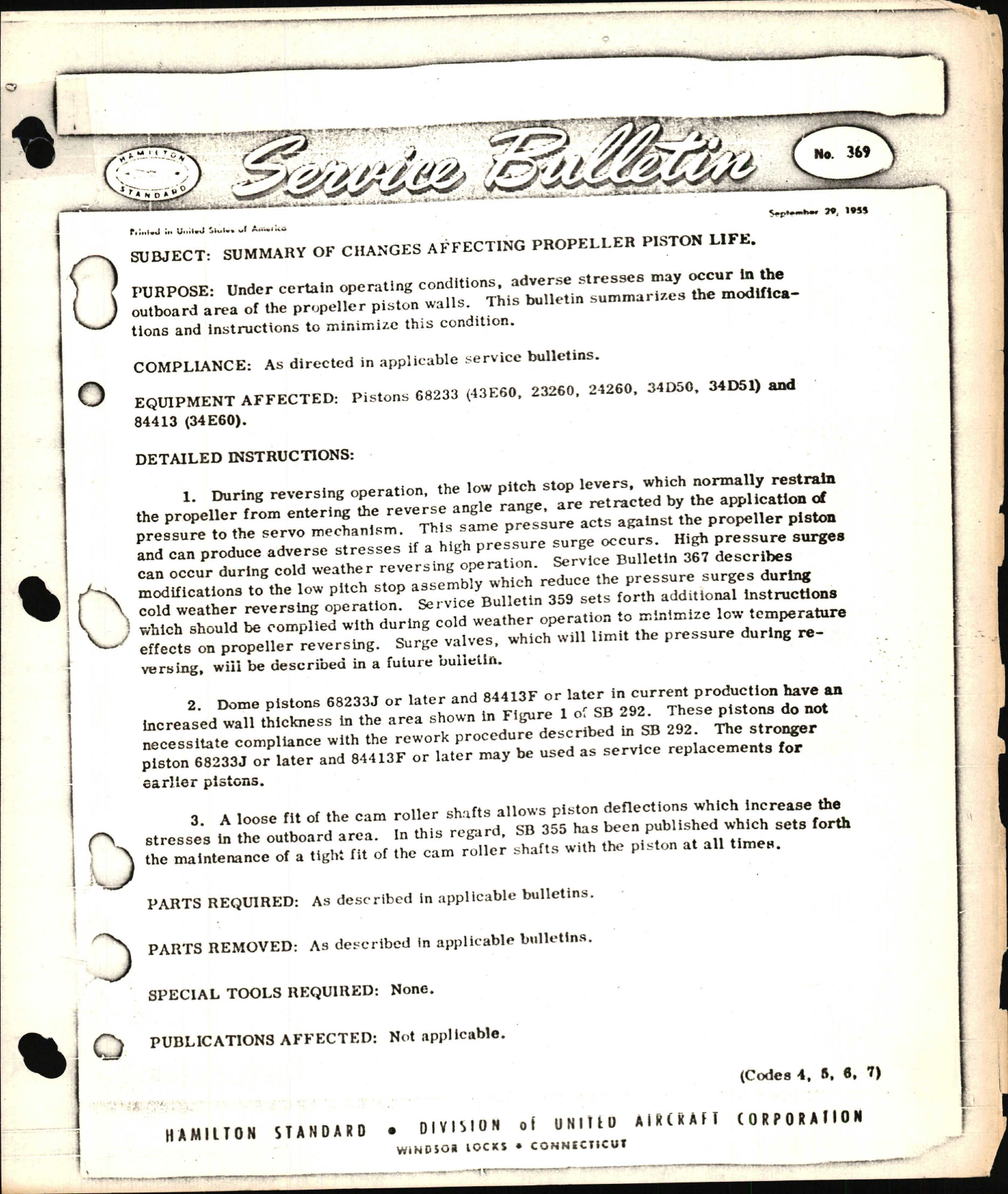 Sample page 1 from AirCorps Library document: Summary of Changes and Procedures Affecting Propeller Piston Life