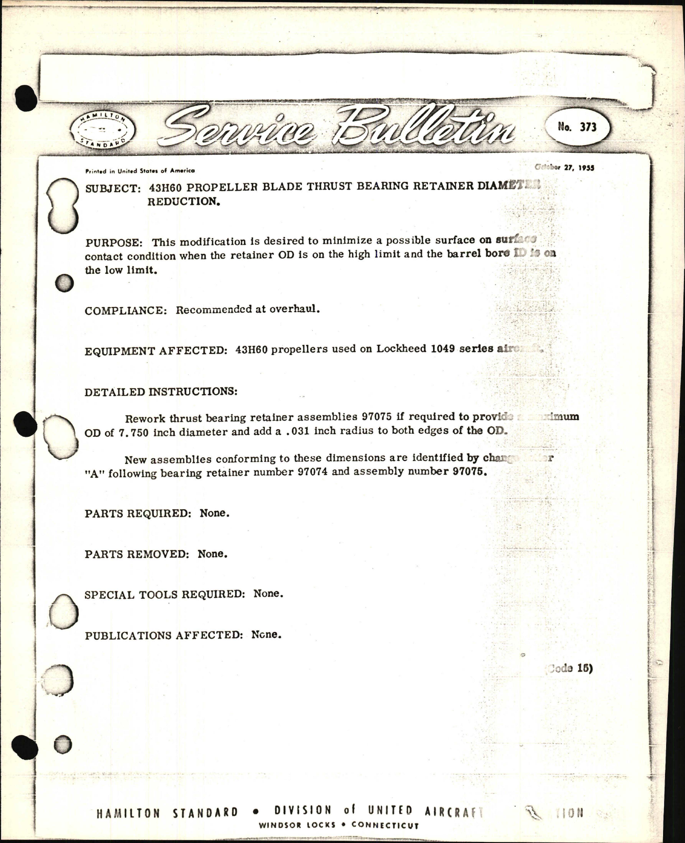 Sample page 1 from AirCorps Library document: 43H60 Propeller Blade Thrust Bearing Retainer Diameter Reduction