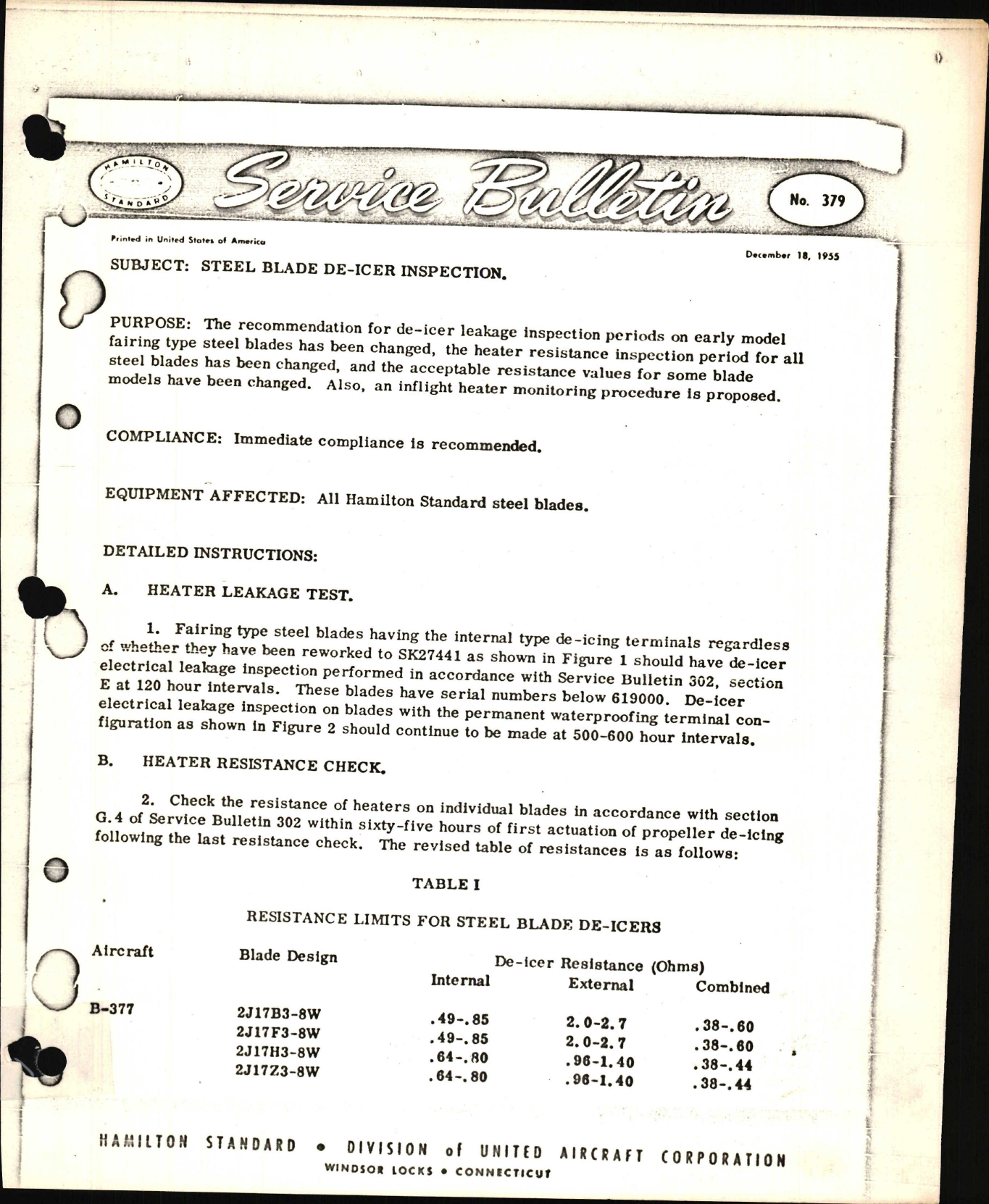 Sample page 1 from AirCorps Library document: Steel Blade De-Icer Inspection