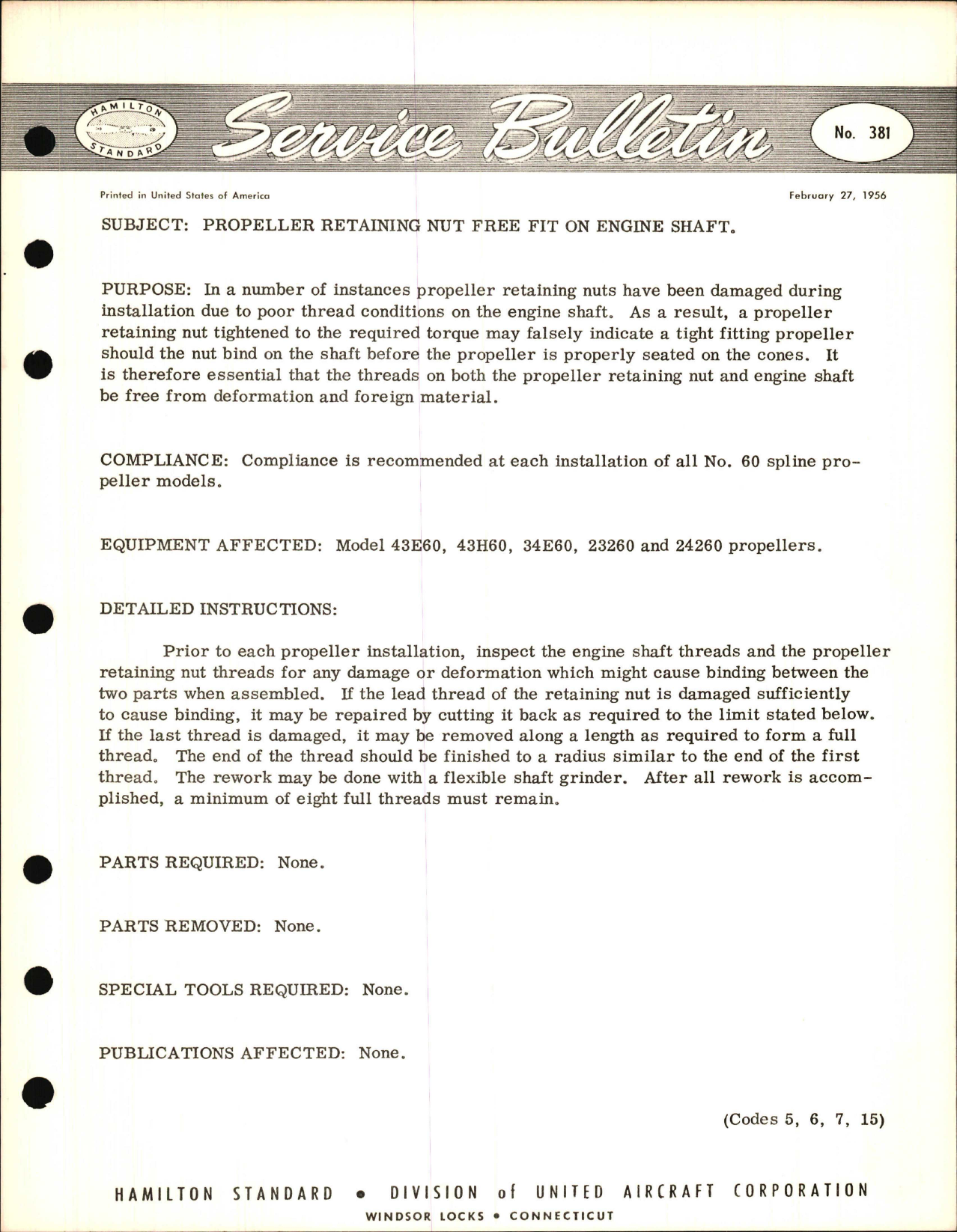 Sample page 1 from AirCorps Library document: Propeller Retaining Nut Free Fit on Engine Shaft