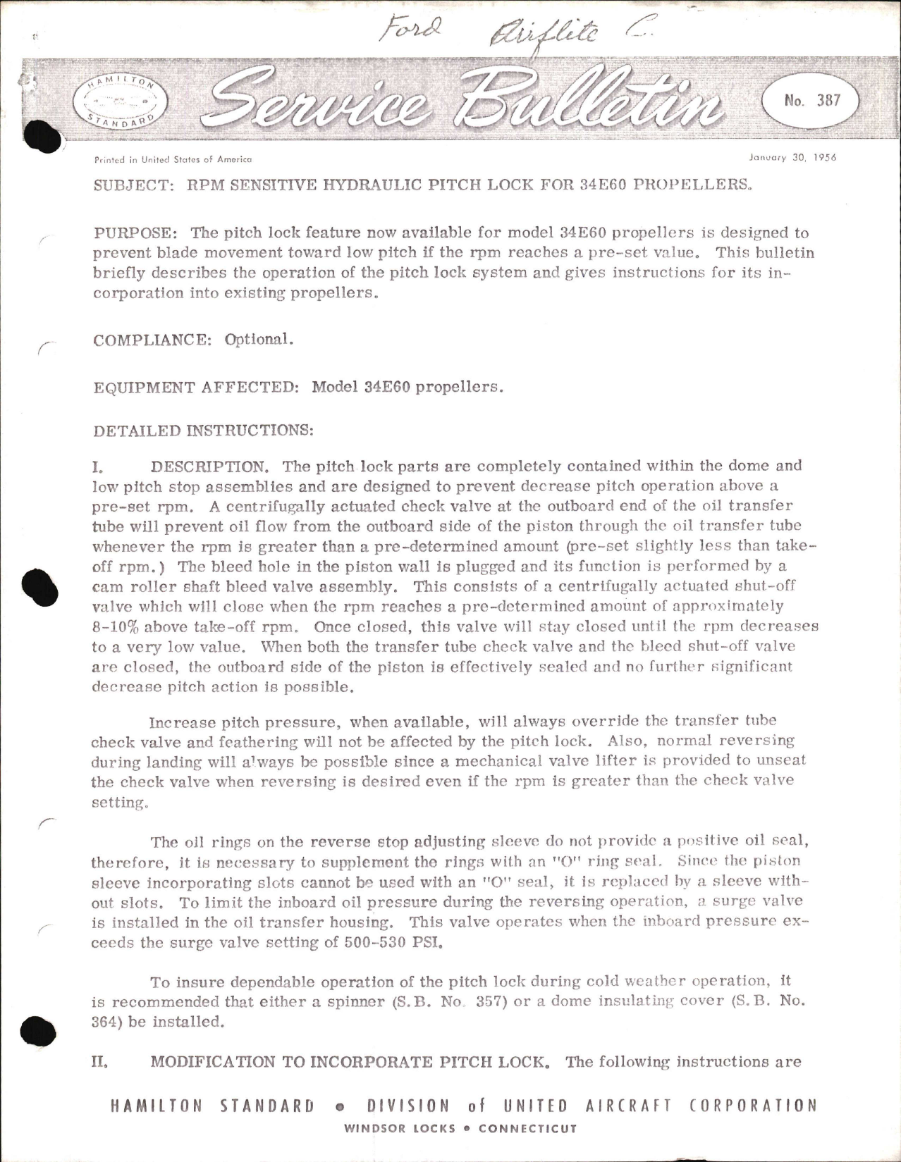 Sample page 1 from AirCorps Library document: RPM Sensitive Hydraulic Pitch Lock for 34E60 Propellers