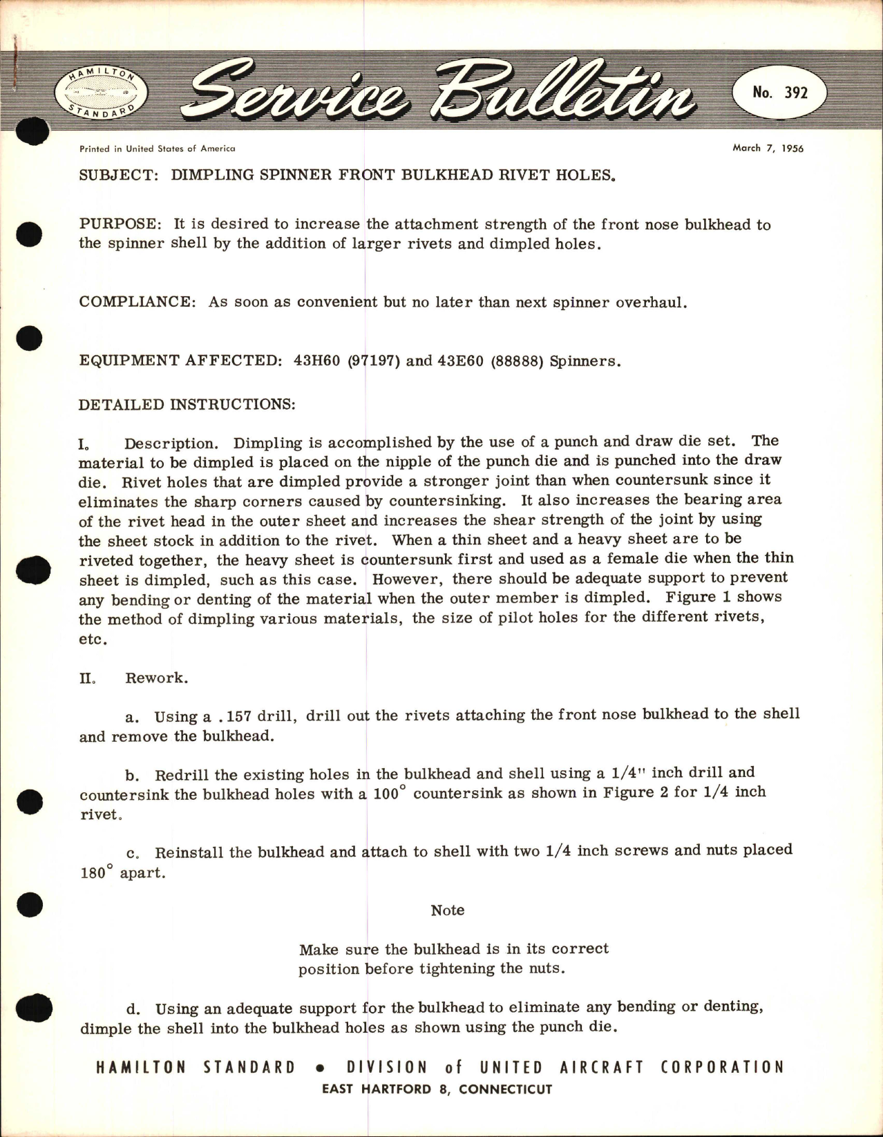 Sample page 1 from AirCorps Library document: Dimpling Spinner Front Bulkhead Rivet Holes