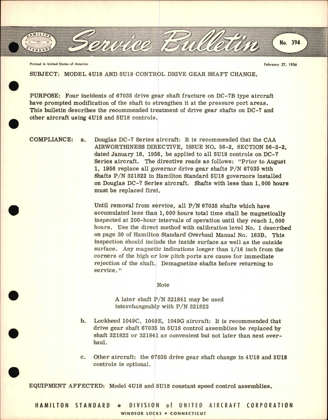 Sample page 1 from AirCorps Library document: Model 4U18 and 5U18 Control Drive Gear Shaft Change