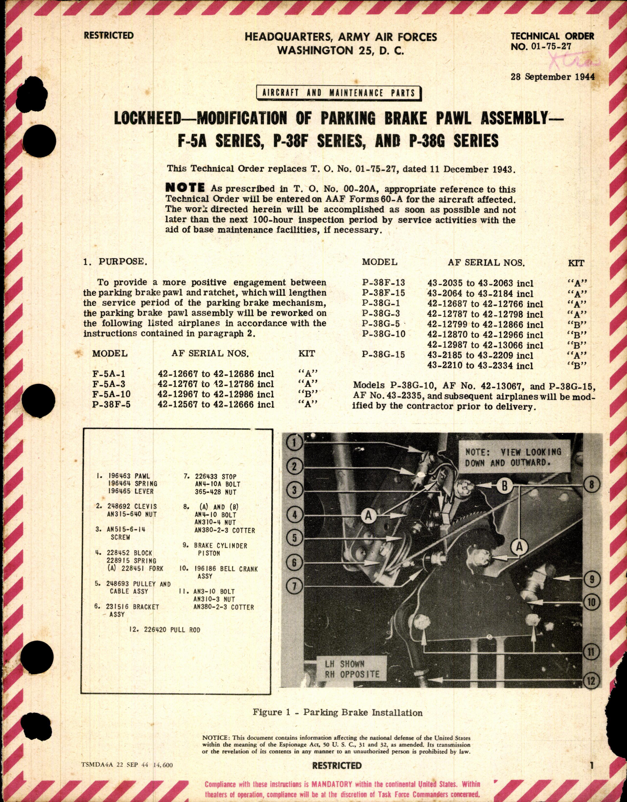 Sample page 1 from AirCorps Library document: Modification of Parking Brake Pawl Assembly for F-5A, P-38F, and G Series