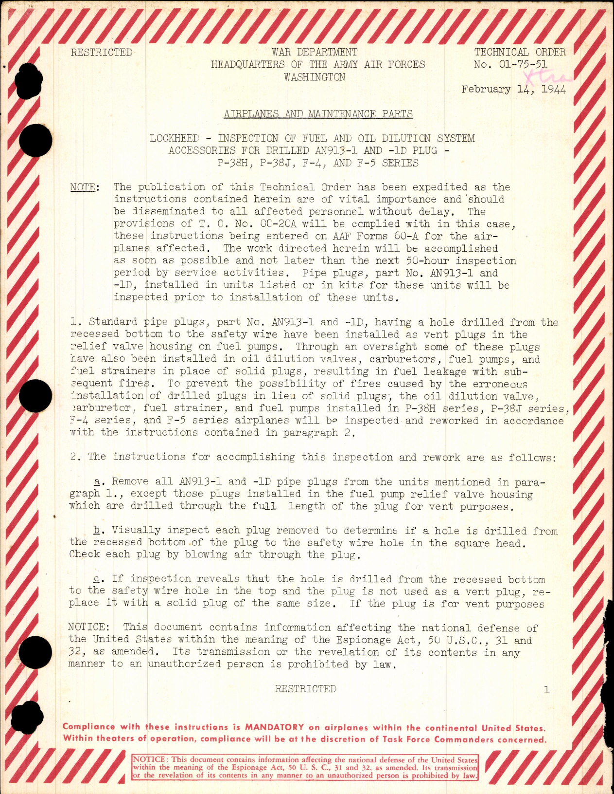 Sample page 1 from AirCorps Library document: Inspection of Fuel and Oil Dilution System Accessories for Drilled AN913-1 and -1D Plug for P-38H, J, F-4, and F-5 Series