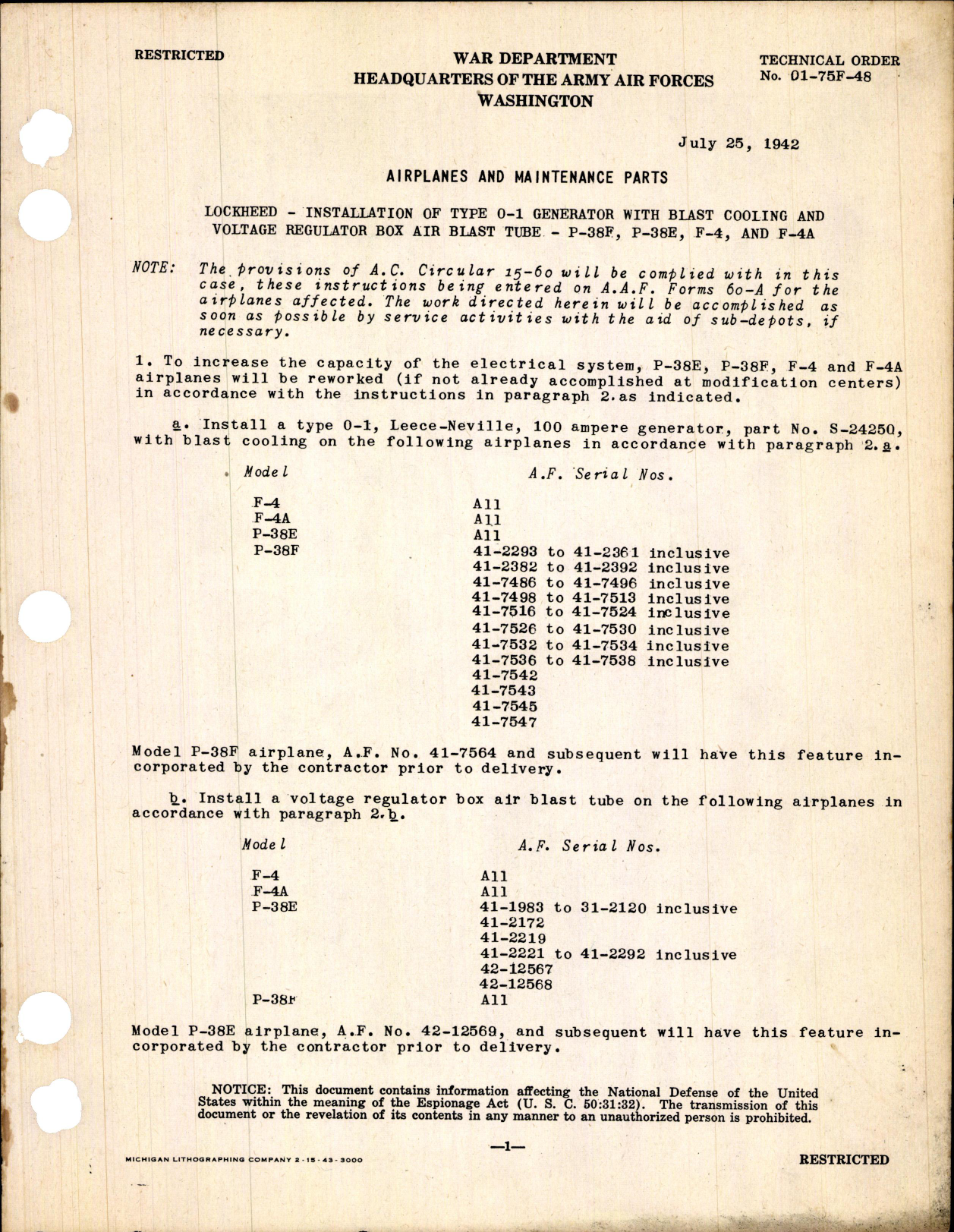 Sample page 1 from AirCorps Library document: Installation of Type 0-1 Generator with Blast Cooling and Voltage Regulator Box Air Blast Tube for P-38F, E, F-4, and -4A