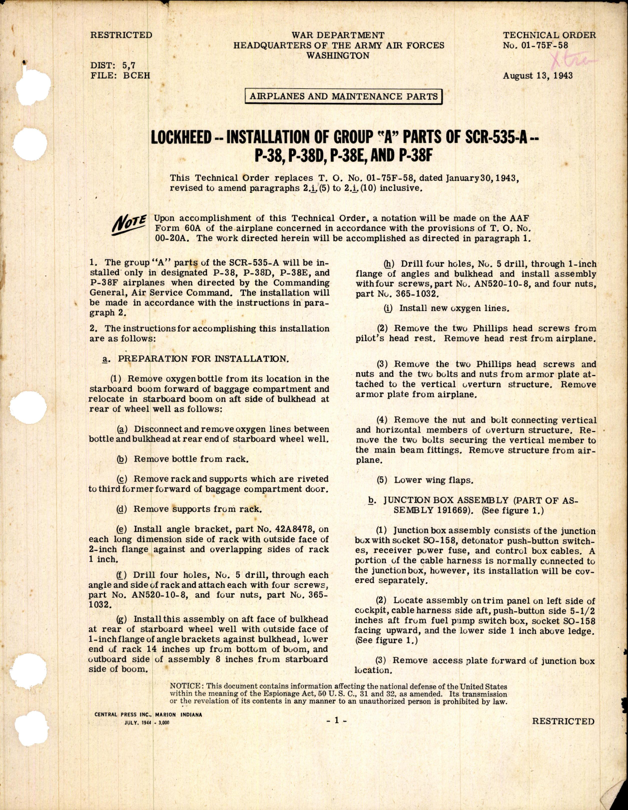 Sample page 1 from AirCorps Library document: Installation of Group A Parts of SCR-535-A for P-38D, E, and F